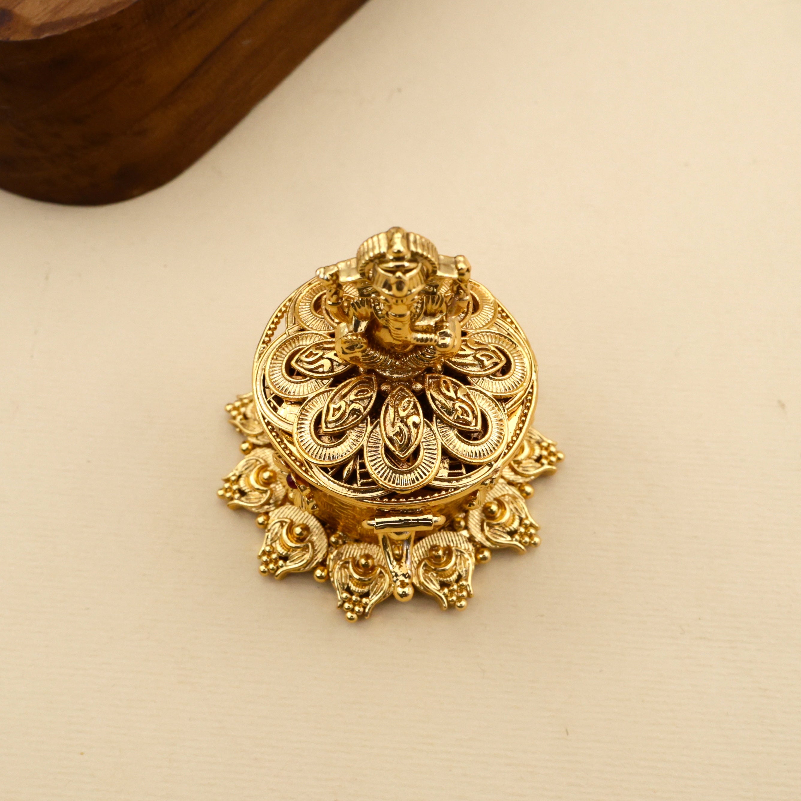 Antique Gold Ganesha on Flower Haldi/Kumum Box - Sindoor Dabbi