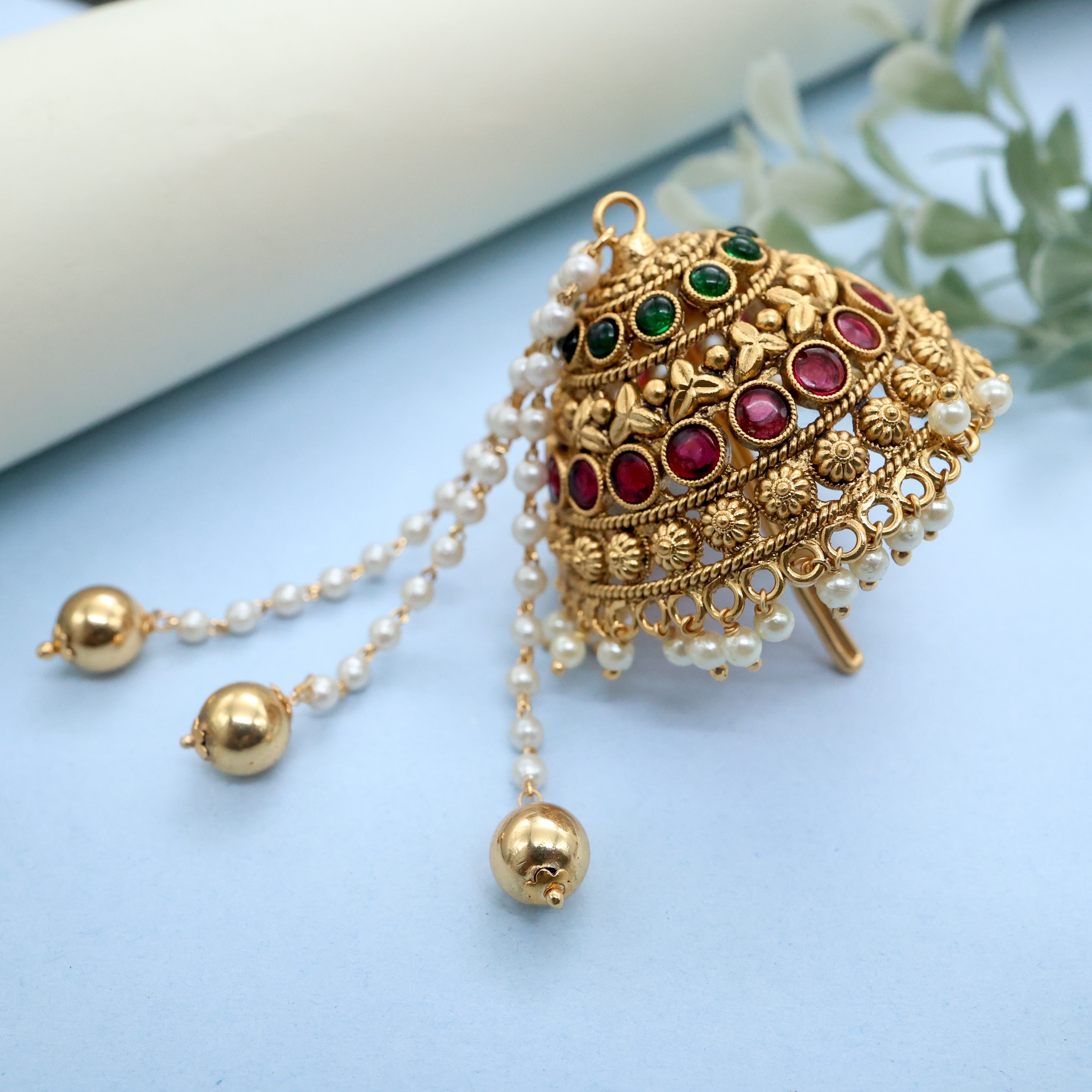 Antique Gold Premium AD Kemp Andal Kondai - Iyengar Bridal Hair Accessory