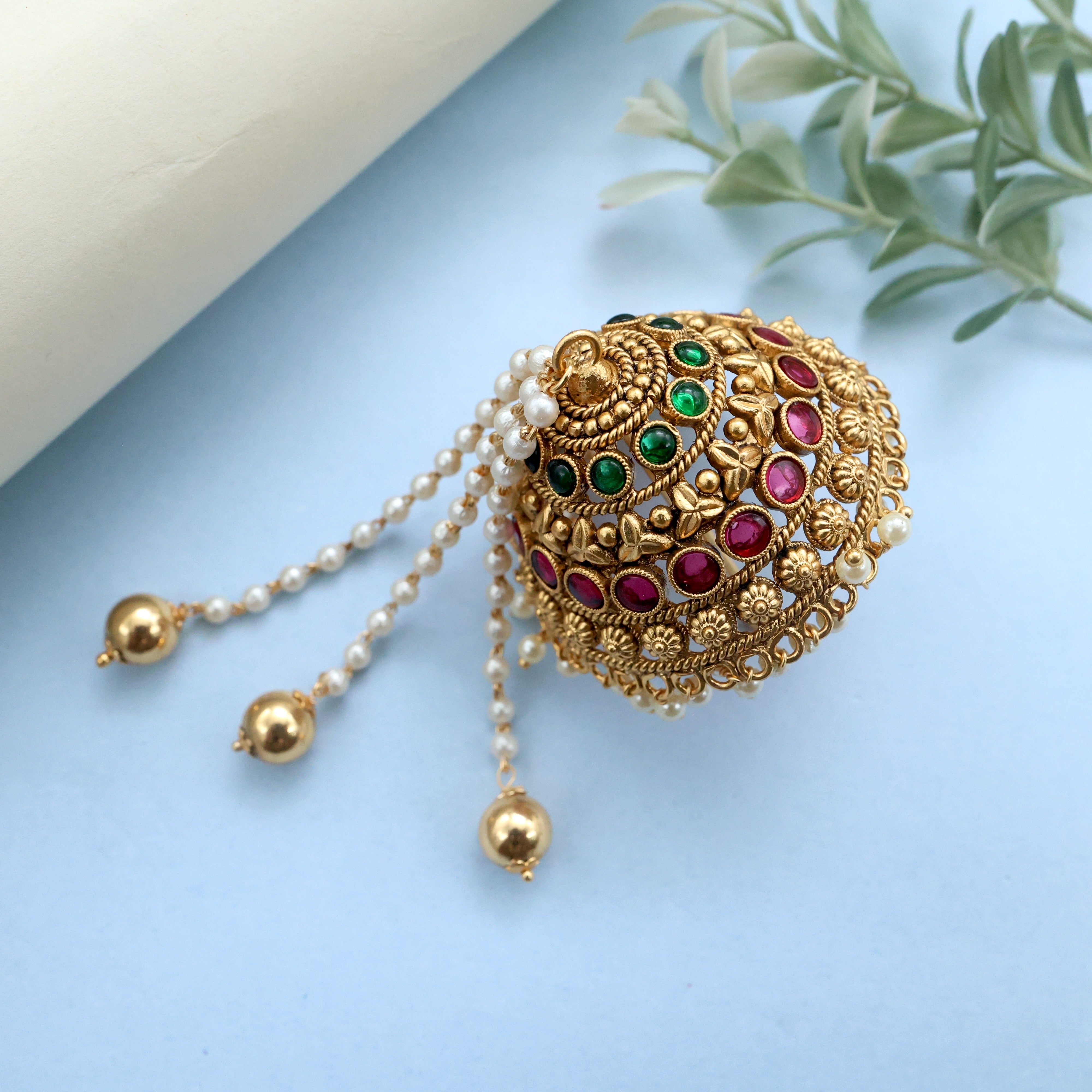 Antique Gold Premium AD Kemp Andal Kondai - Iyengar Bridal Hair Accessory