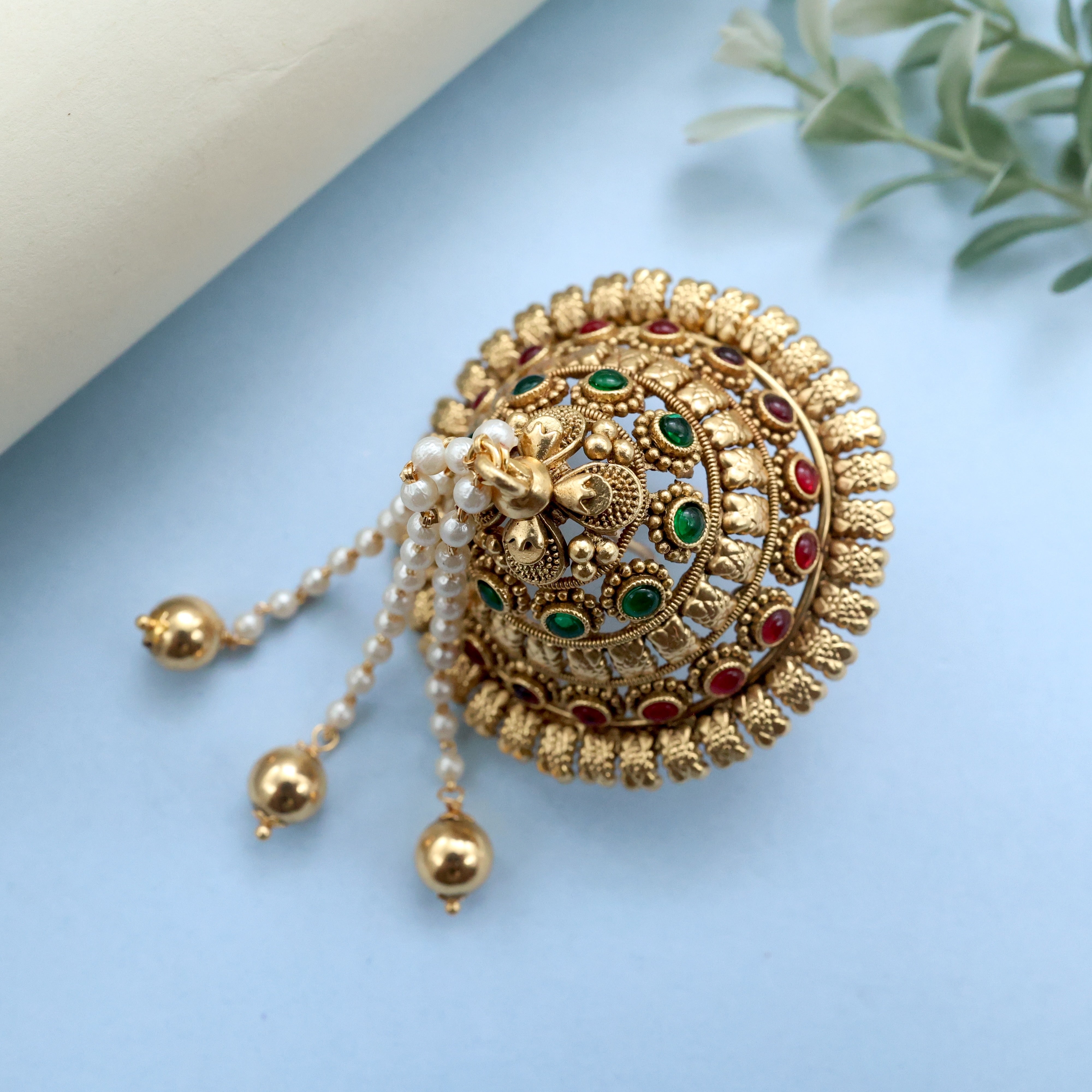 Antique Gold Premium AD Kemp Andal Kondai - Iyengar Bridal Hair Accessory