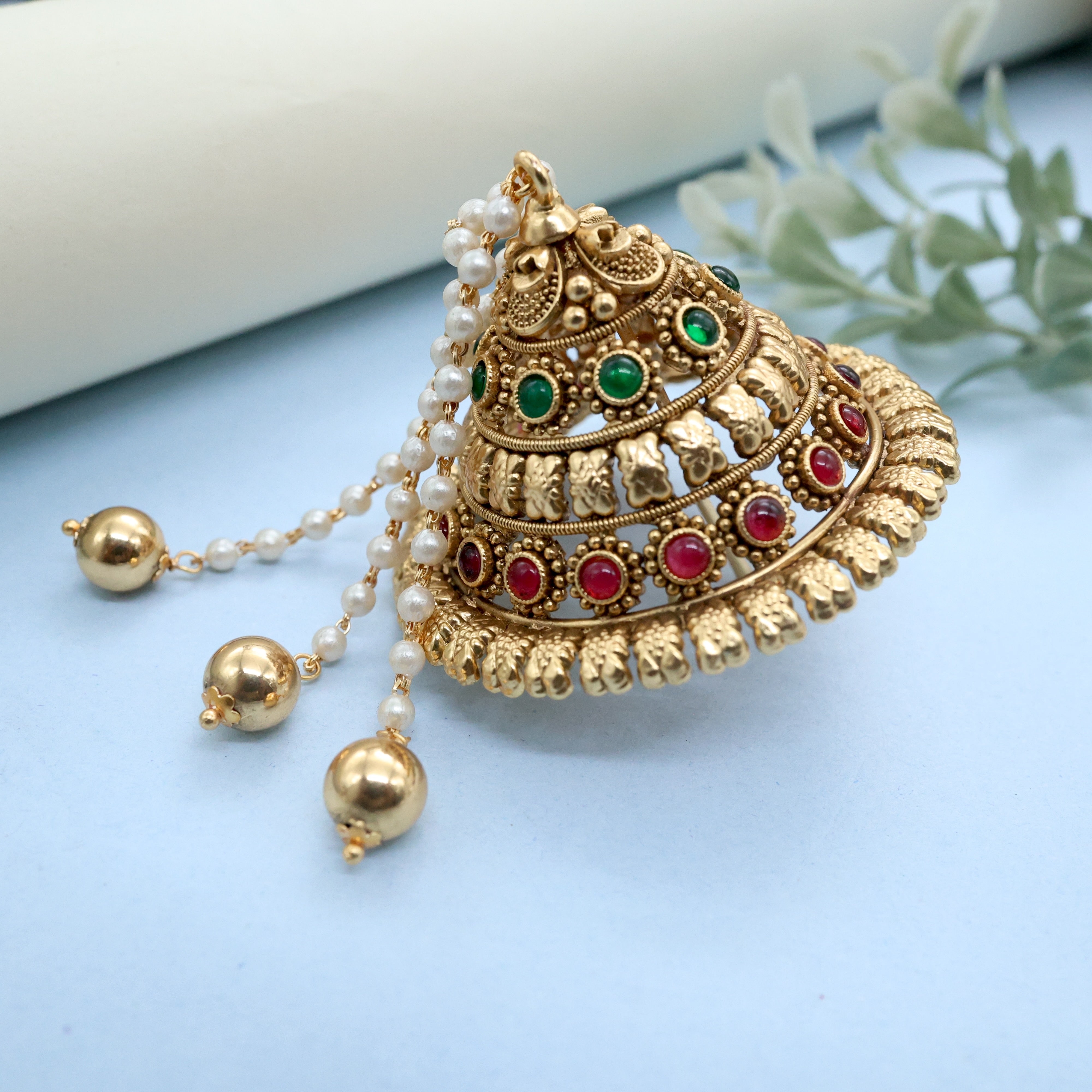 Antique Gold Premium AD Kemp Andal Kondai - Iyengar Bridal Hair Accessory