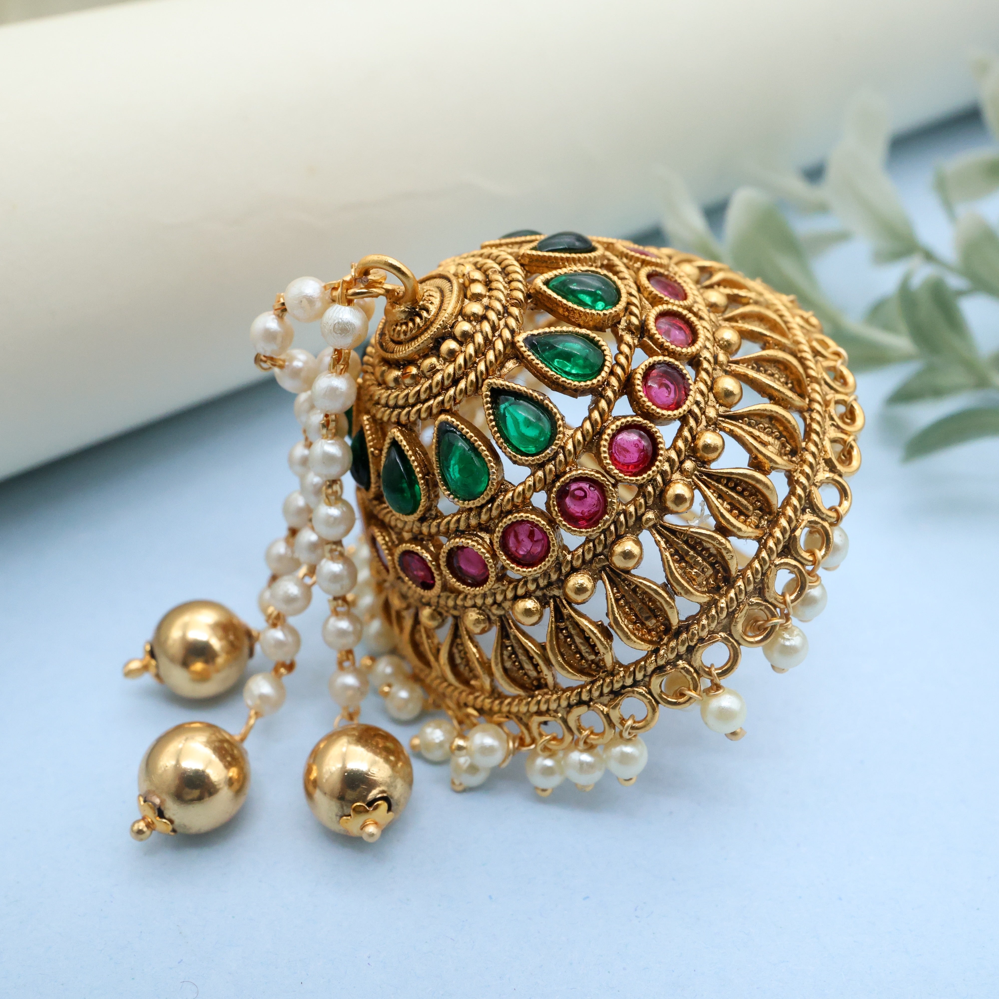 Antique Gold Premium AD Kemp Andal Kondai - Iyengar Bridal Hair Accessory