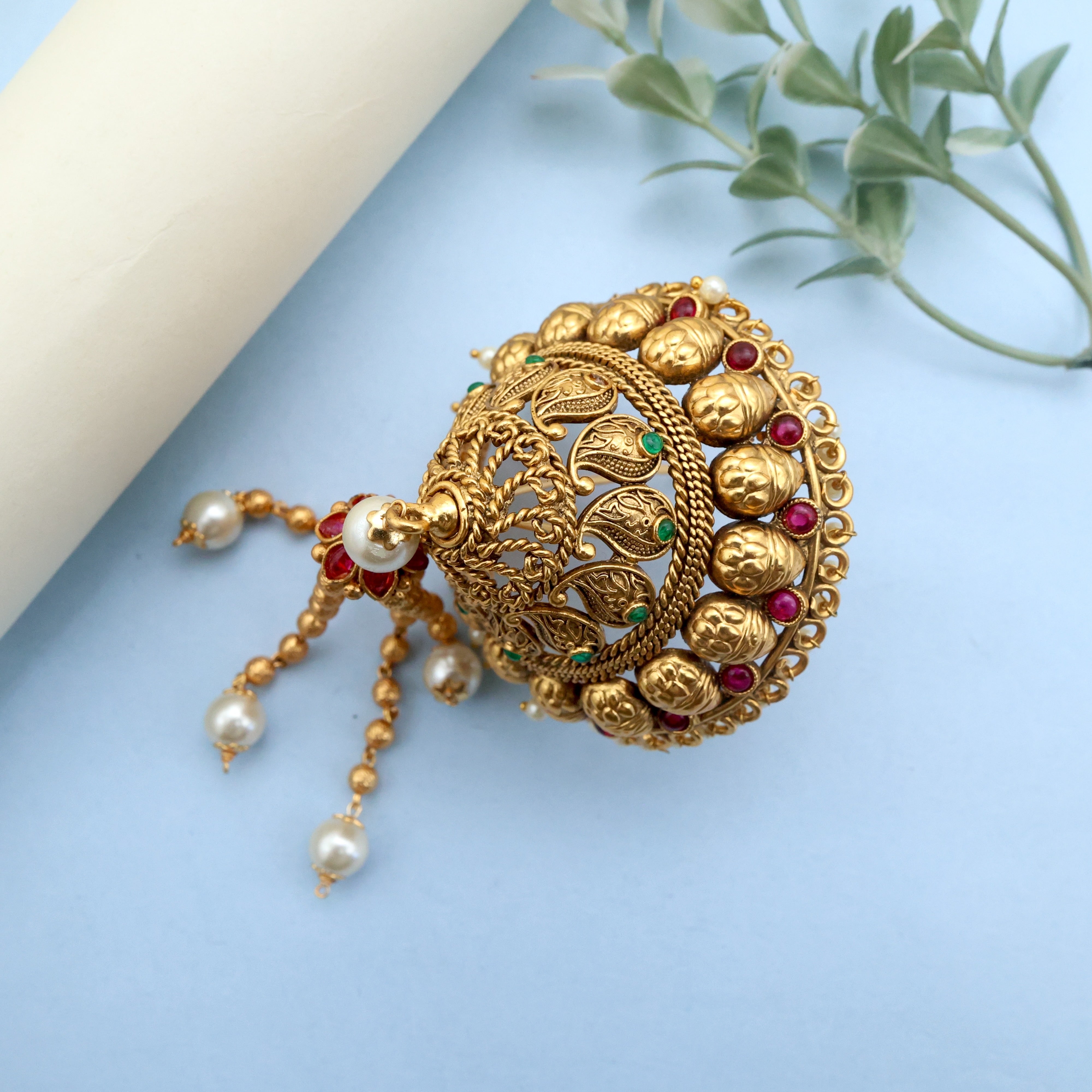 Antique Gold Premium AD Kemp Big Andal Kondai - Iyengar Bridal Hair Accessory