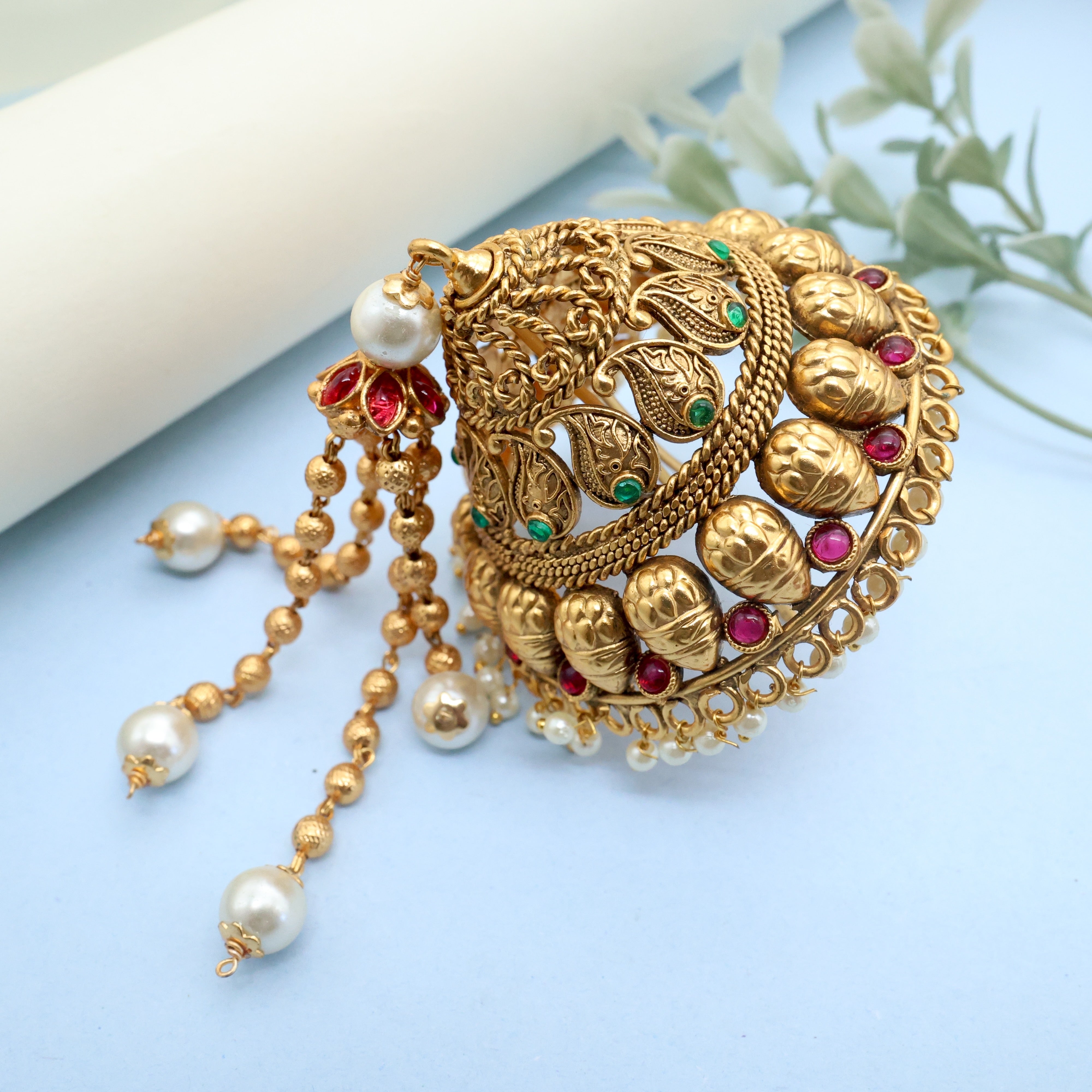 Antique Gold Premium AD Kemp Big Andal Kondai - Iyengar Bridal Hair Accessory