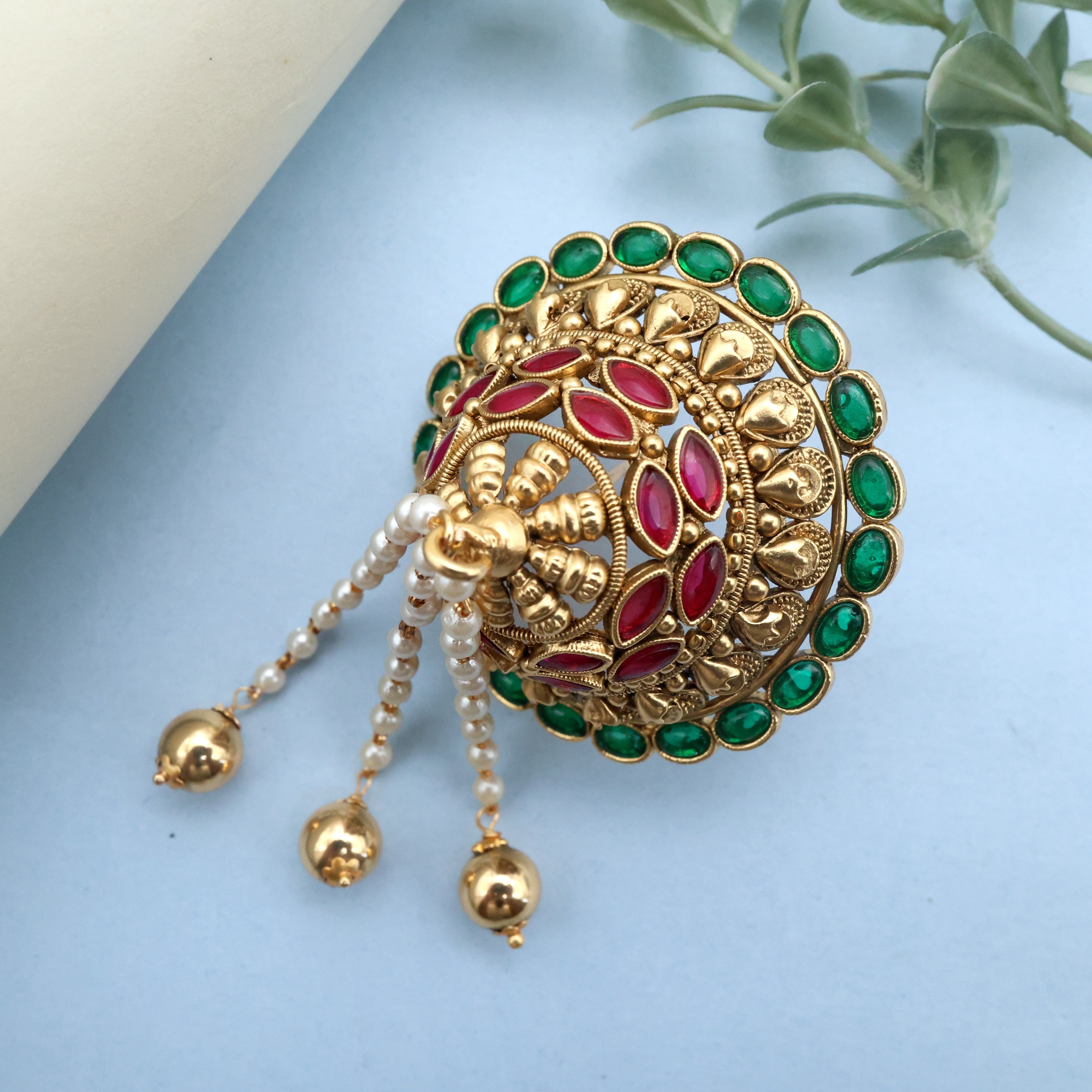 Antique Gold Premium AD Kemp Andal Kondai - Iyengar Bridal Hair Accessory