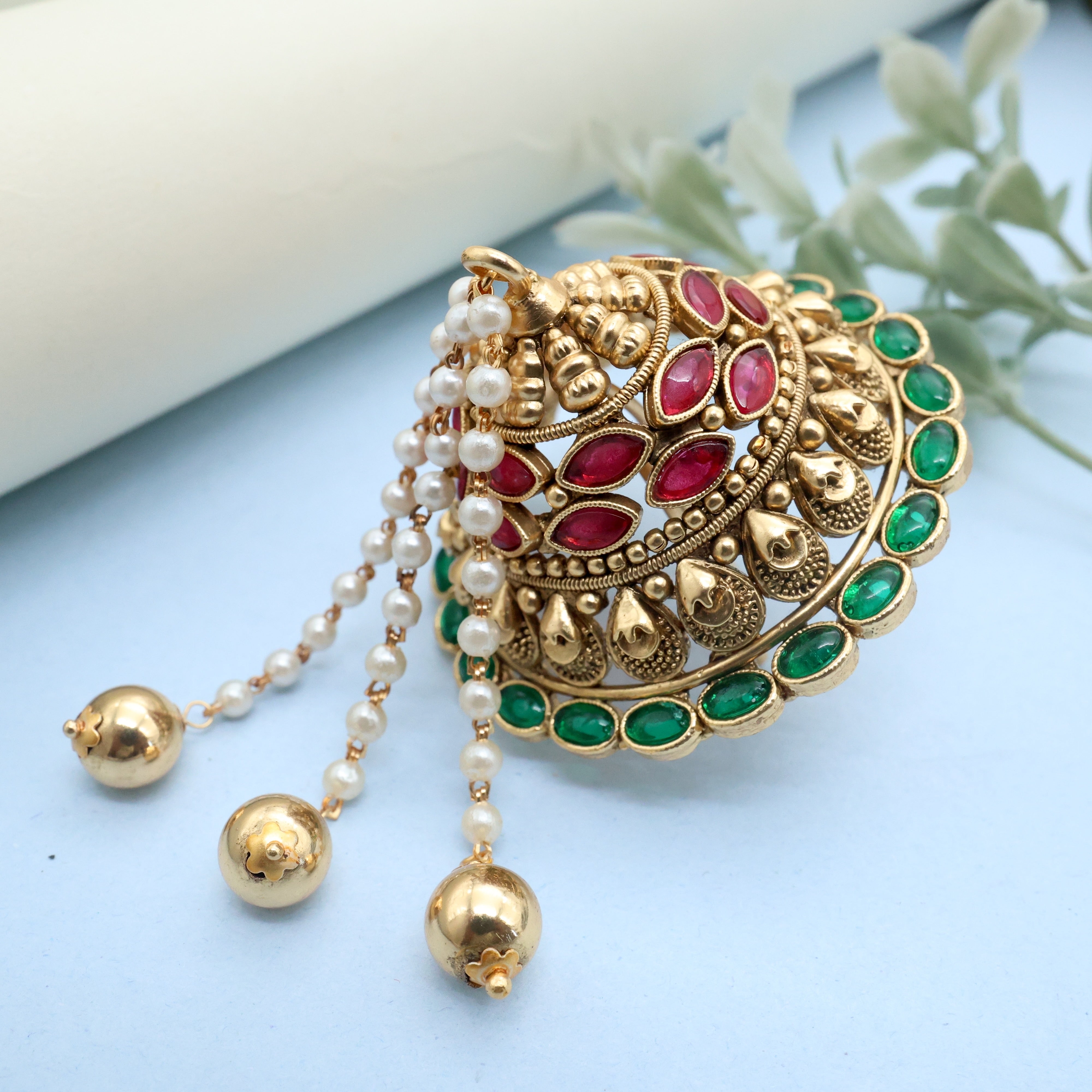 Antique Gold Premium AD Kemp Andal Kondai - Iyengar Bridal Hair Accessory