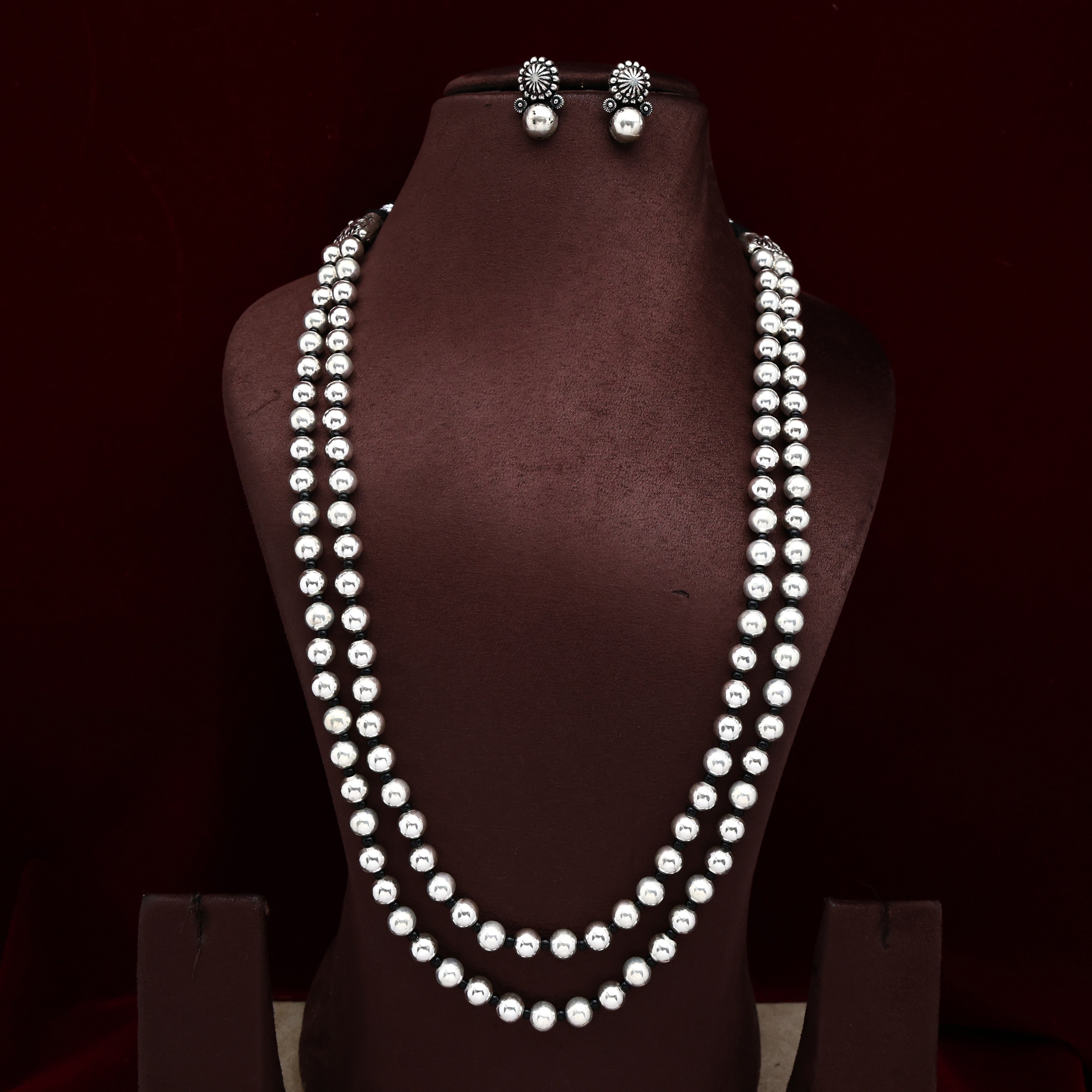 Antique Silver Look Traditional Vintage Kolhapuri Double Layer Round Beads Haar Set