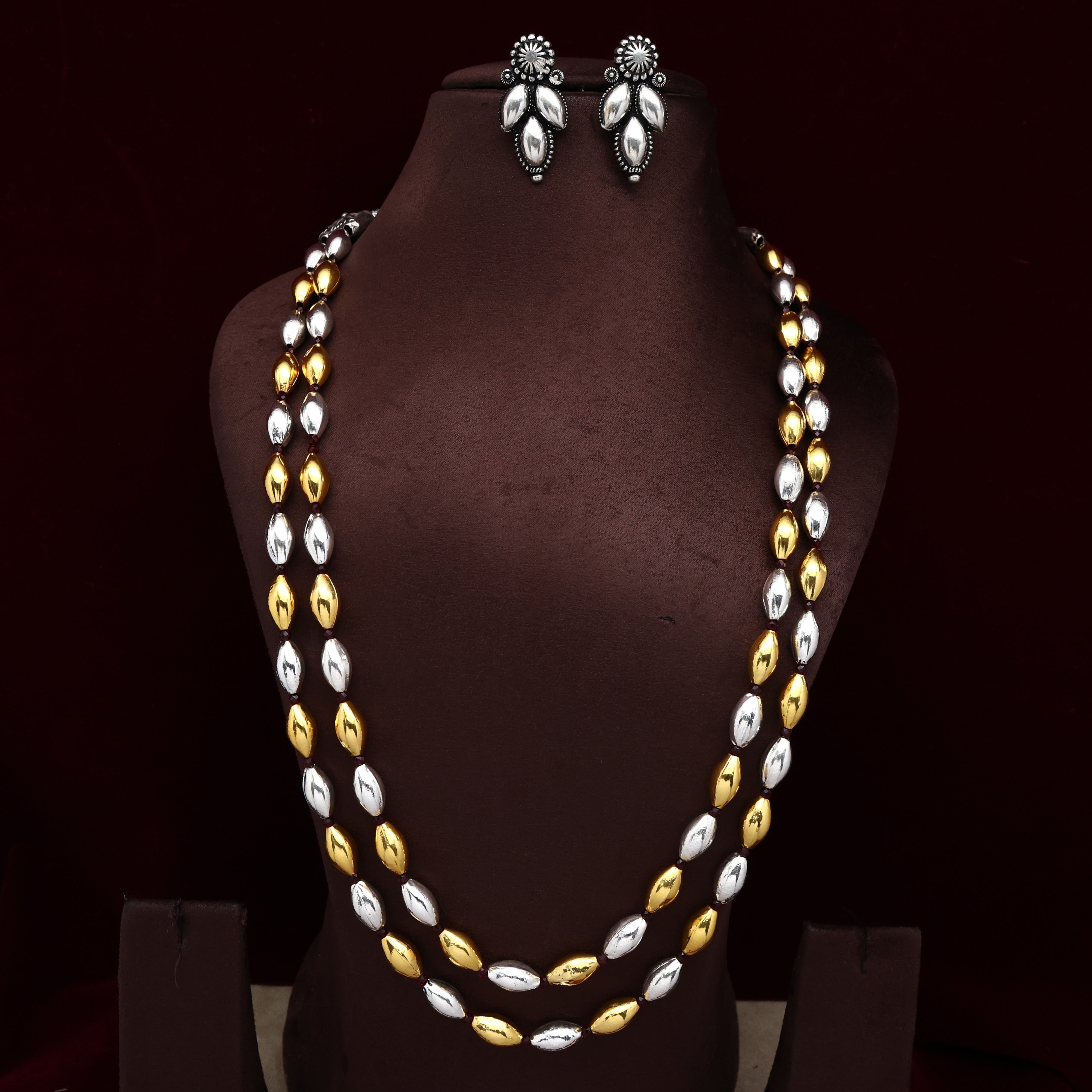 Silver Look Traditional Dual Tone Double Layer Bor Mala Set