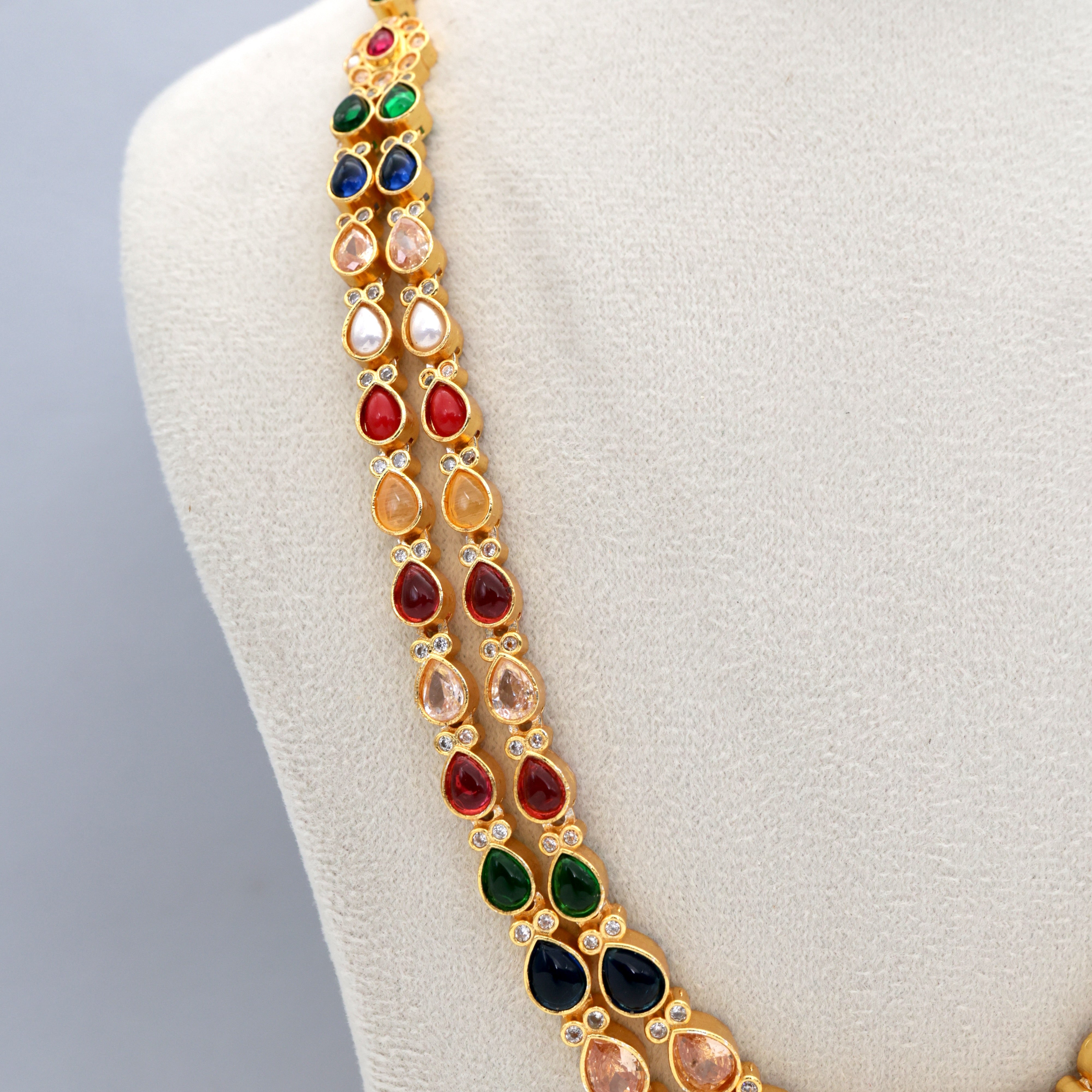 Gold Tone Double Layer Navarathna Stones Mid Length Necklace Set