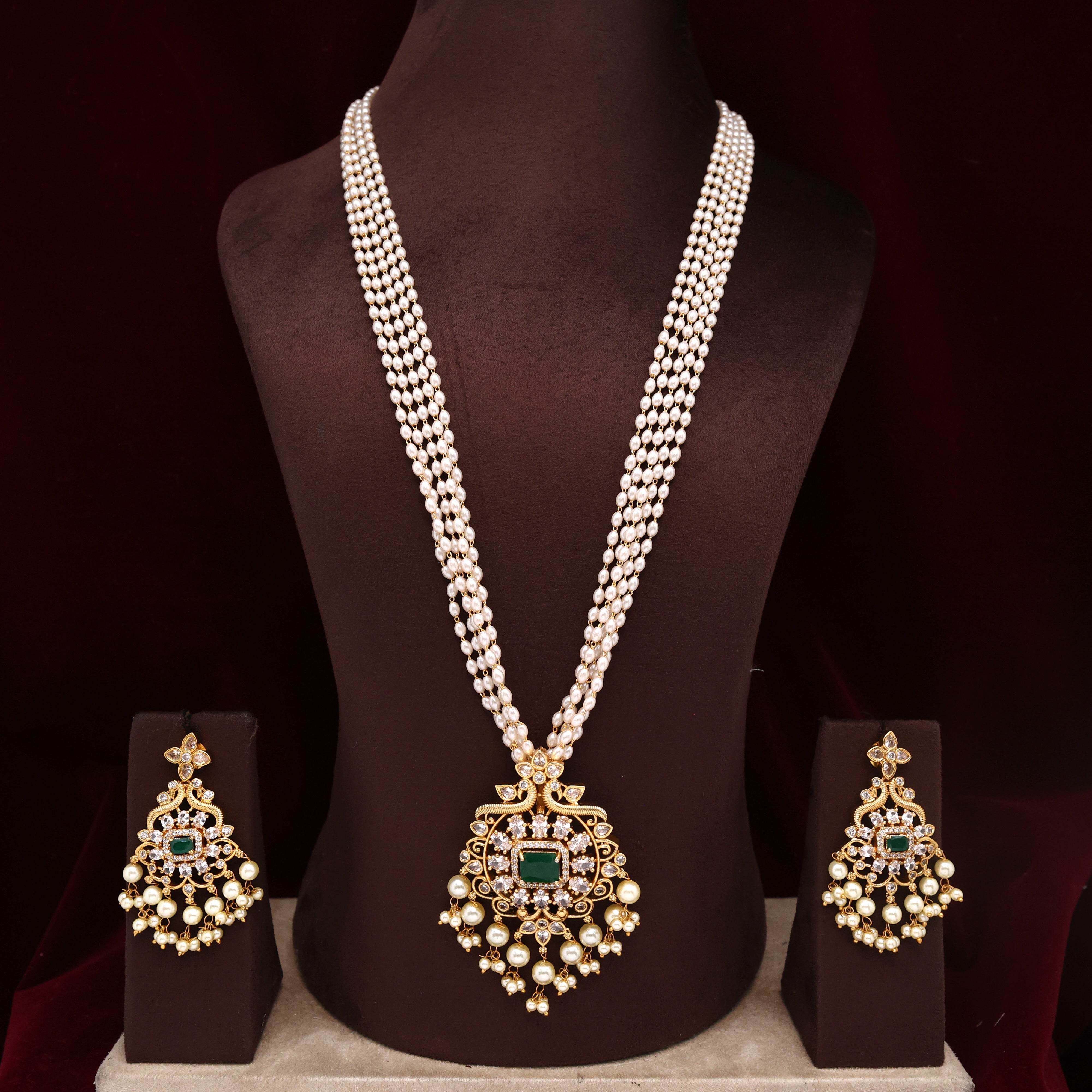 AD 5 Layer Rice Pearls Rettapakshi Long Mala Set - Green