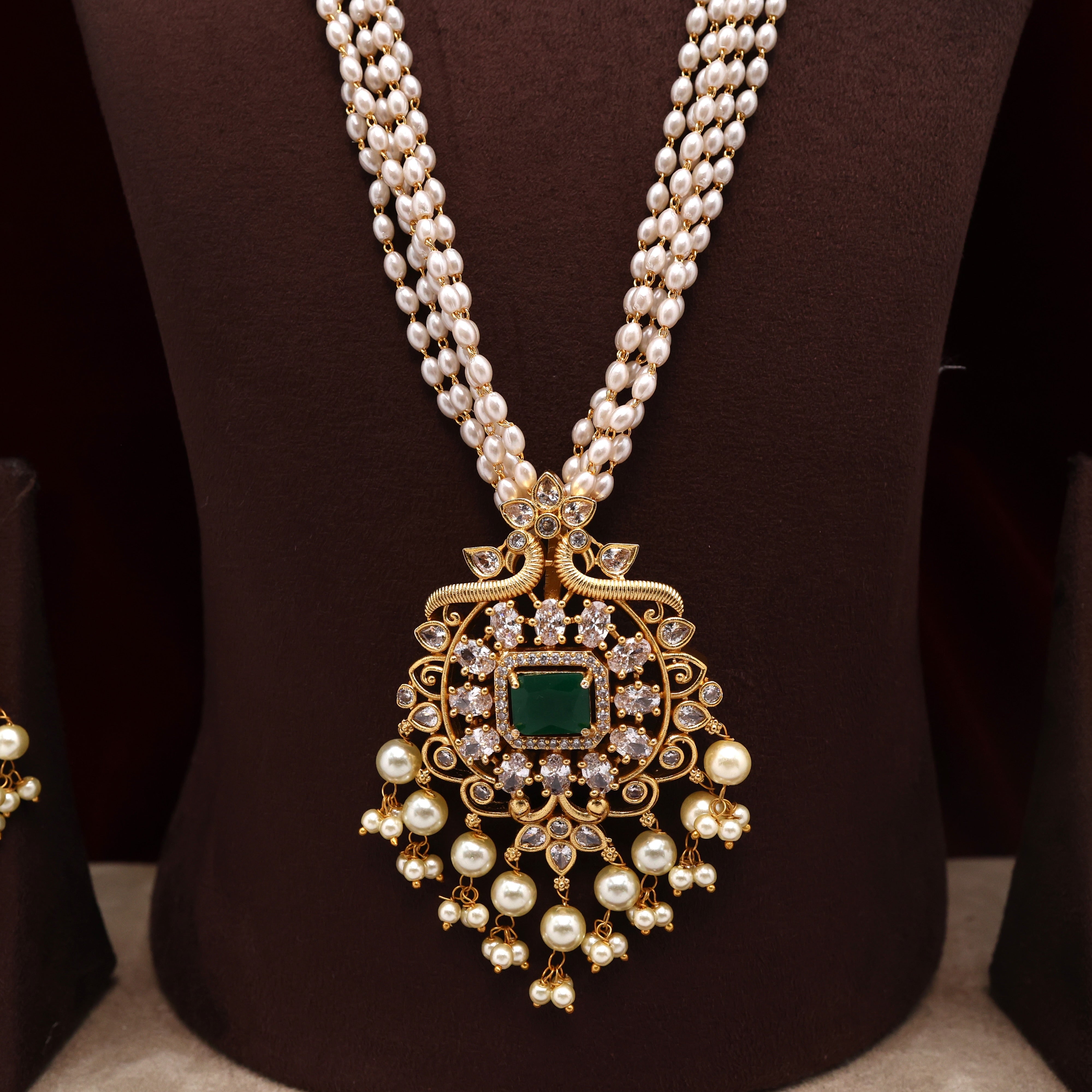 AD 5 Layer Rice Pearls Rettapakshi Long Mala Set - Green