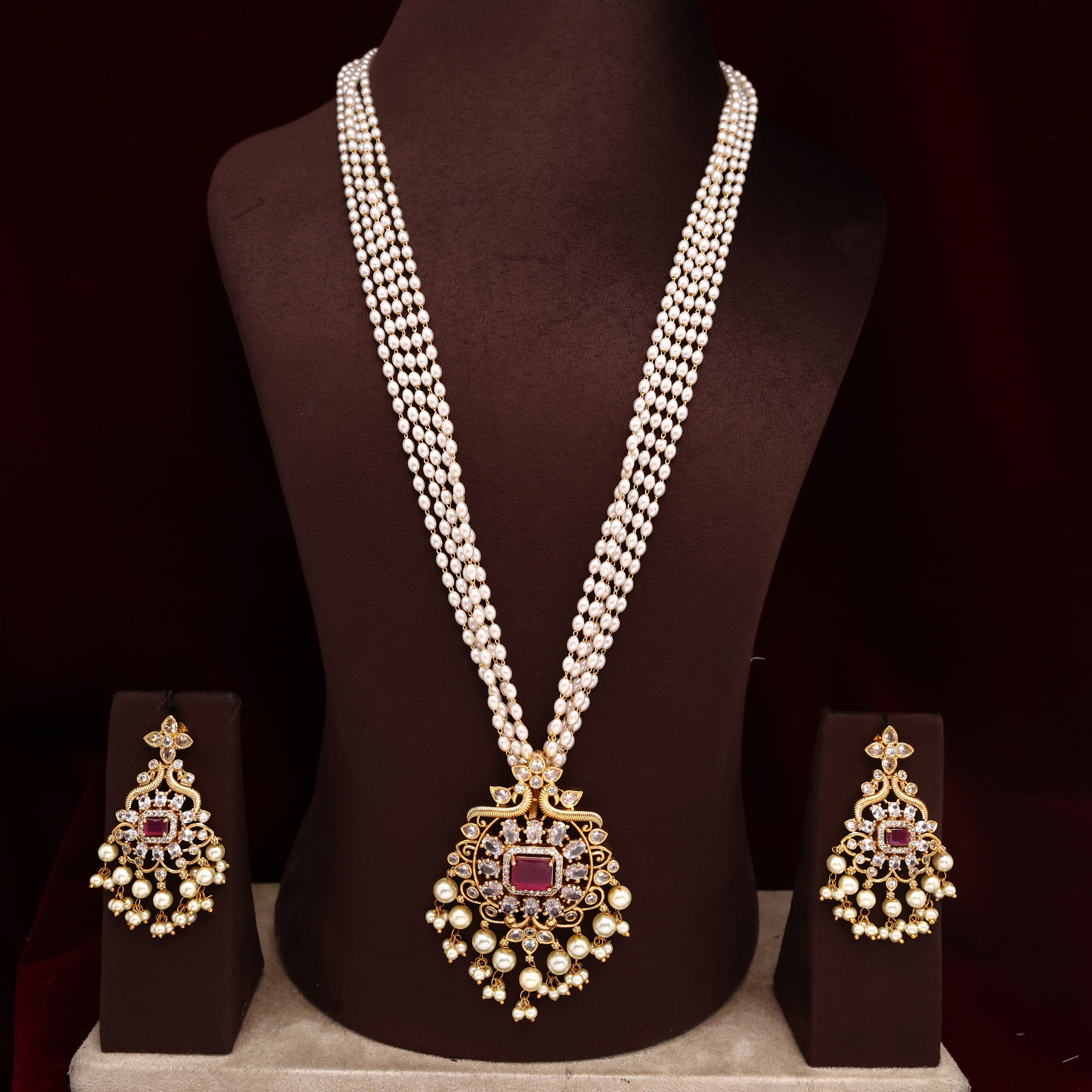 AD 5 Layer Rice Pearls Rettapakshi Long Mala Set - Ruby