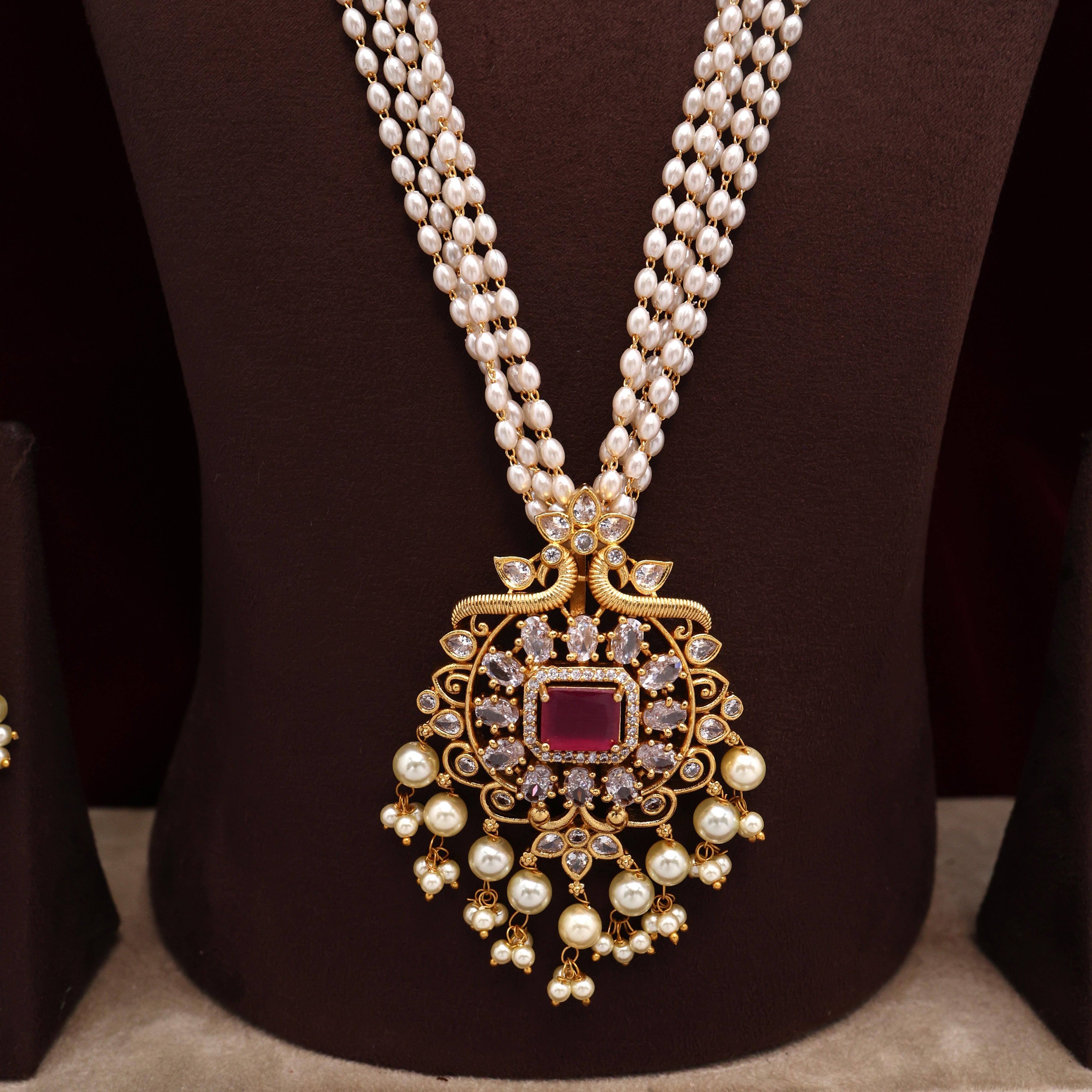 AD 5 Layer Rice Pearls Rettapakshi Long Mala Set - Ruby