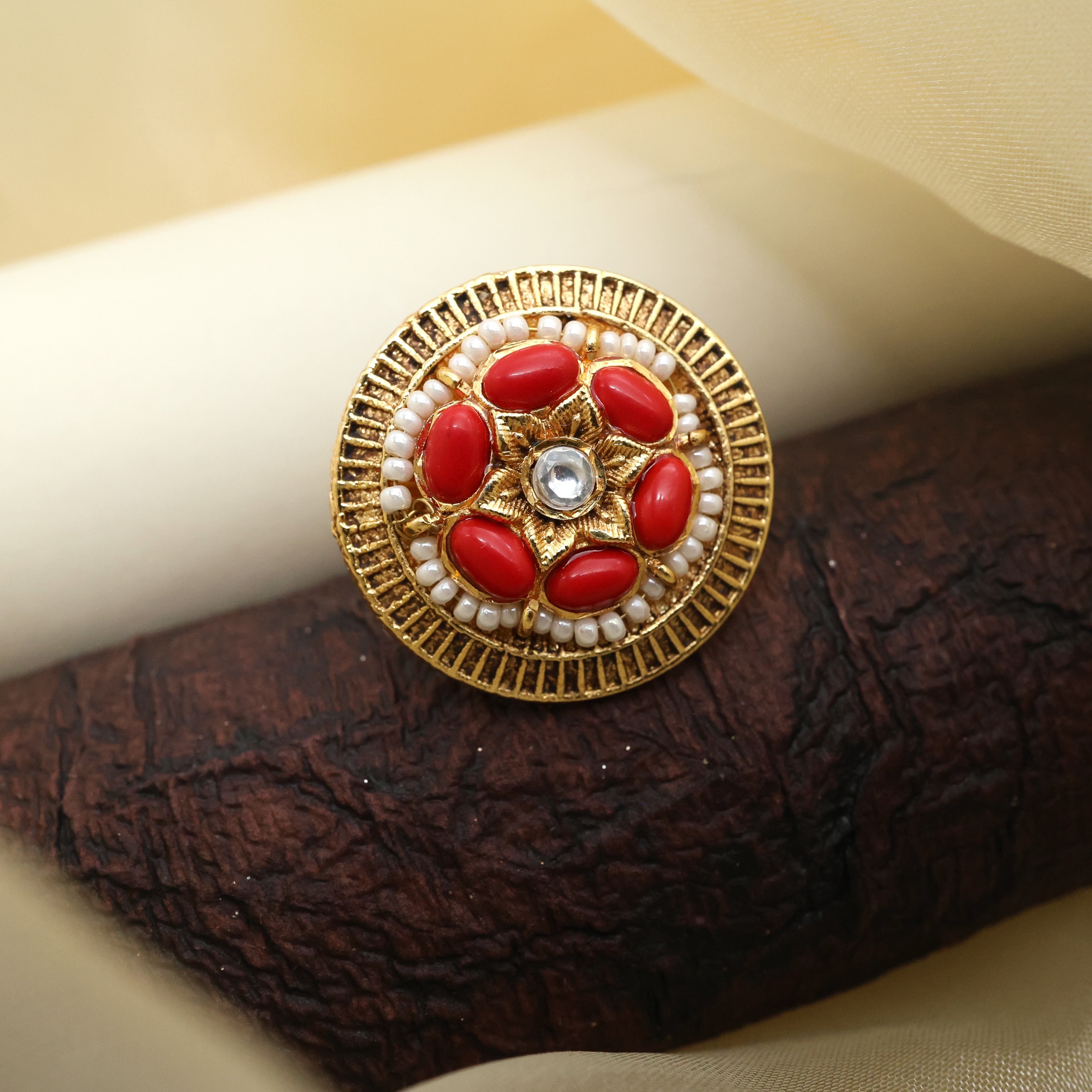 Gold Tone Chakra Pearl Stone Adjustable Statement Finger Ring - Coral & White