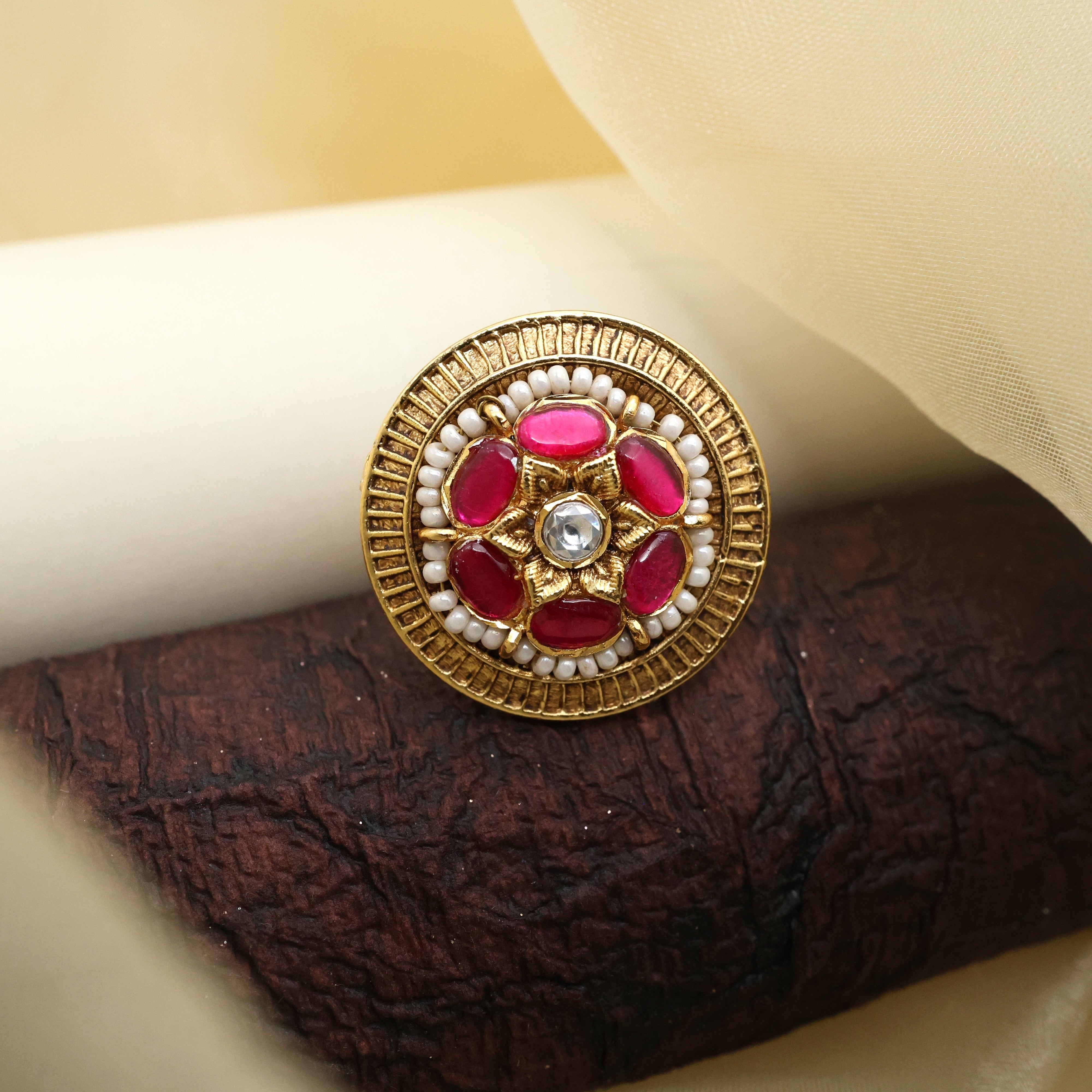 GOLD TONE CHAKRA PEARL JADAU KUNDAN ADJUSTABLE STATEMENT FINGER RING - RUBY & WHITE