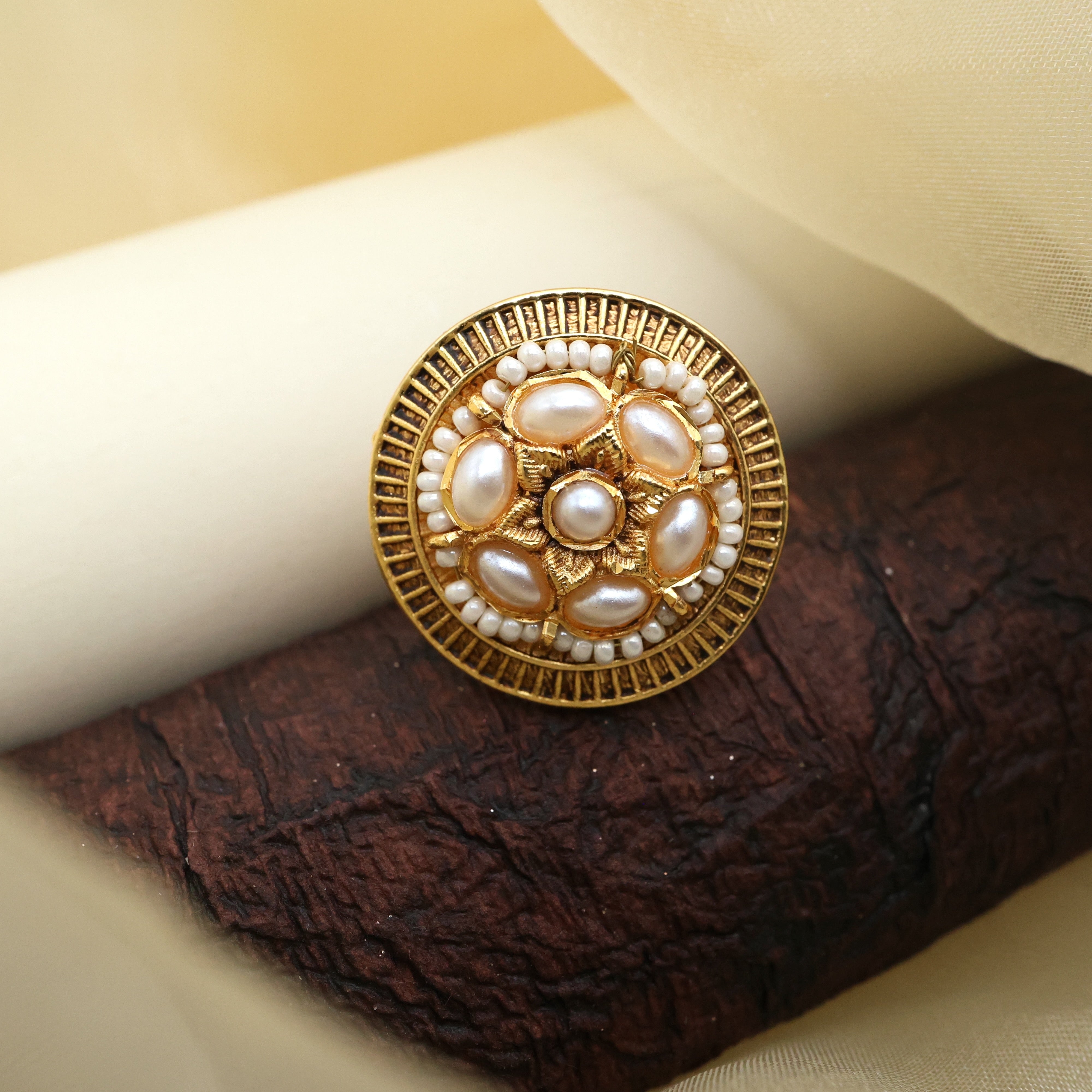 GOLD TONE CHAKRA PEARL JADAU KUNDAN ADJUSTABLE STATEMENT FINGER RING - PEARL