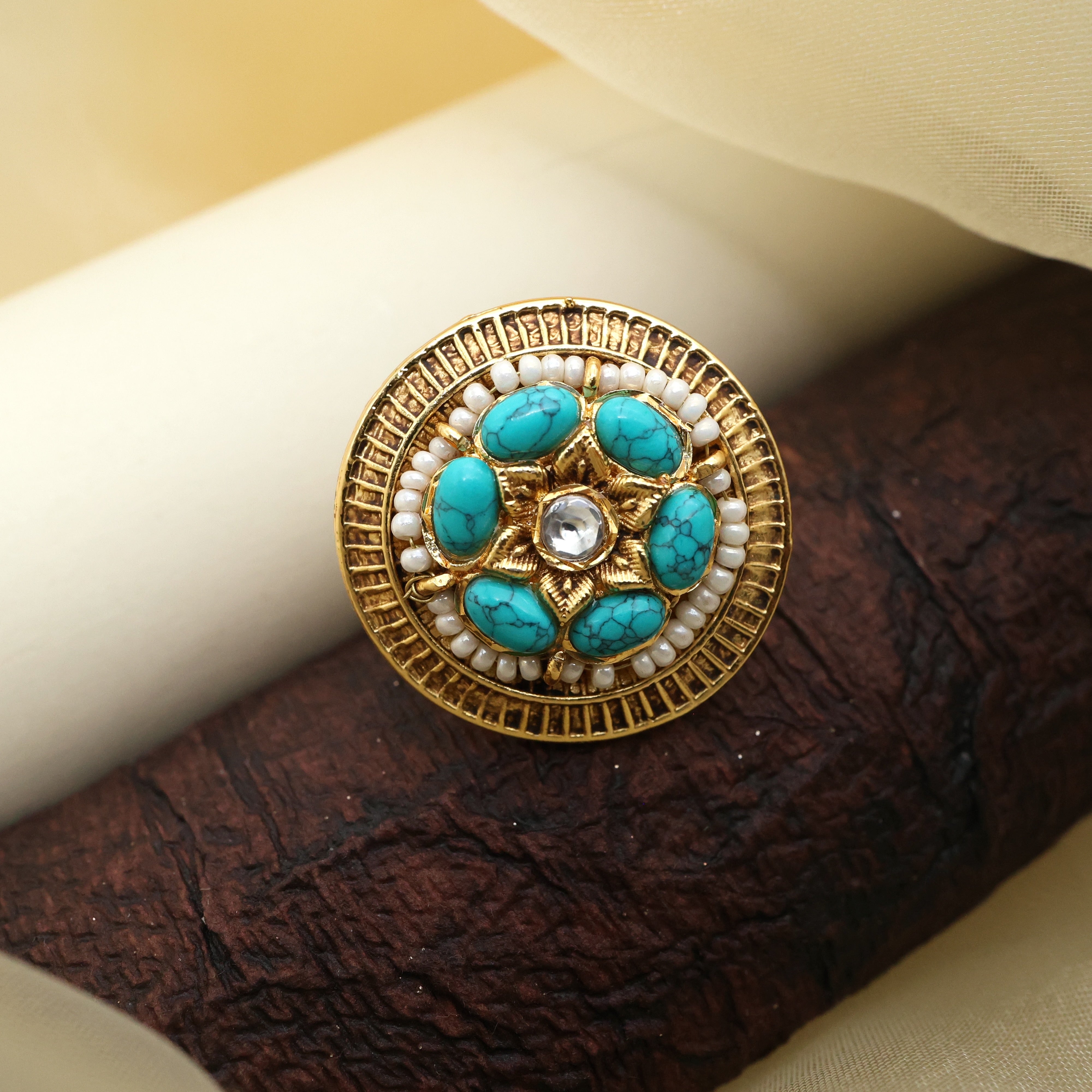GOLD TONE CHAKRA PEARL JADAU KUNDAN ADJUSTABLE STATEMENT FINGER RING - TURQUOISE