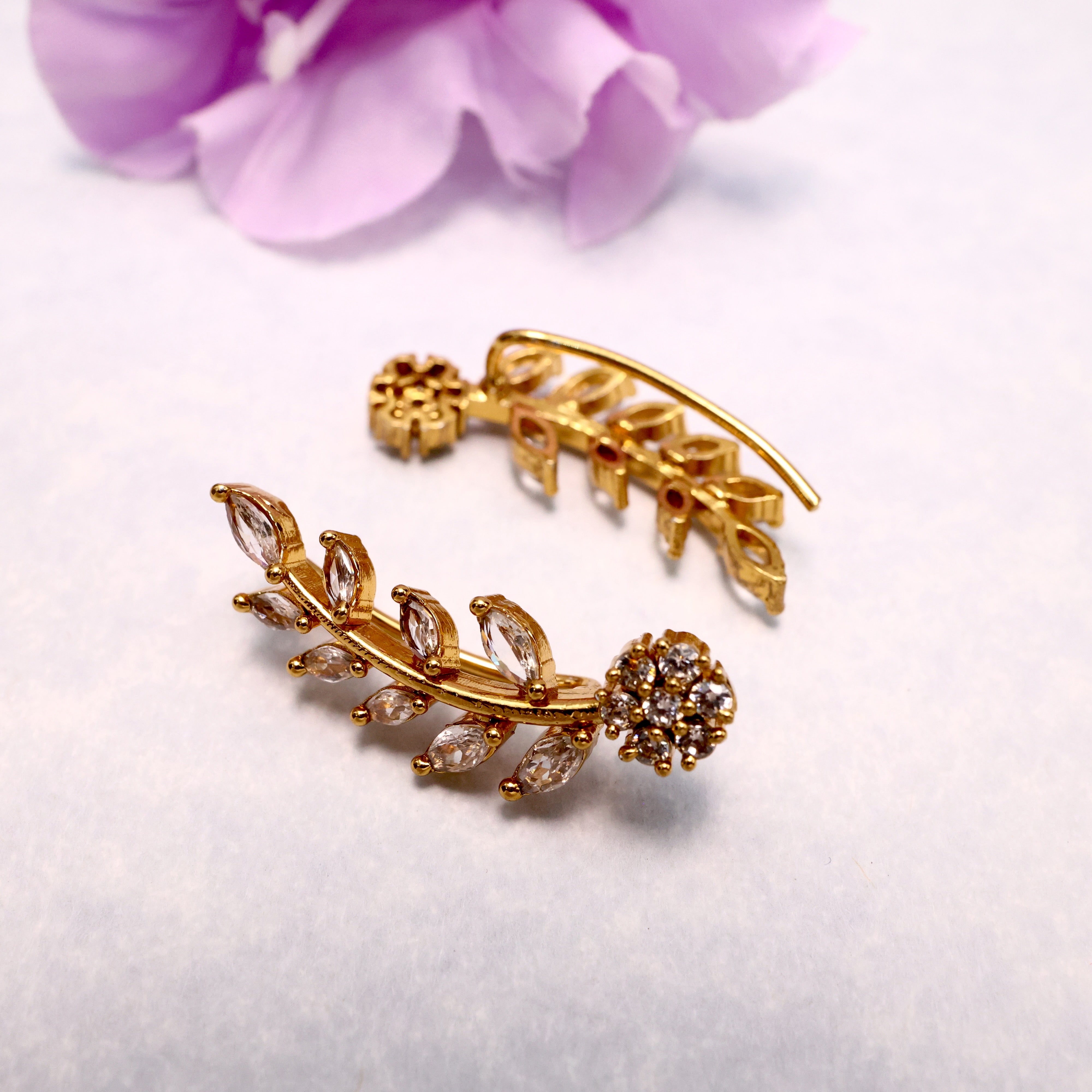 AD Diamond Look Flower Leaf Earcuff Earrings