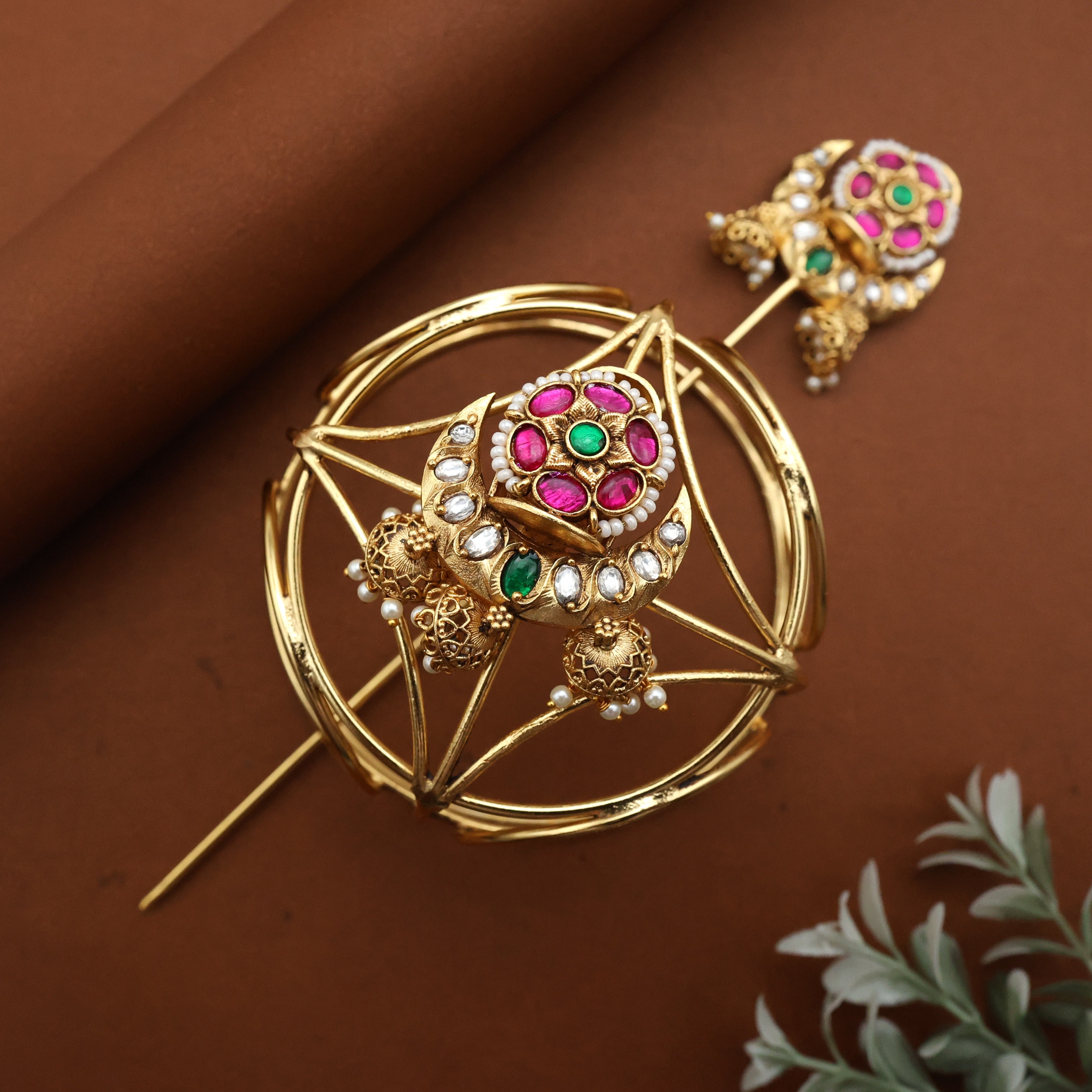 Jadau Kundan Flower Chaand Hair Bun Holder - RED & GREEN - Bun Cage Hair Accessory For Women