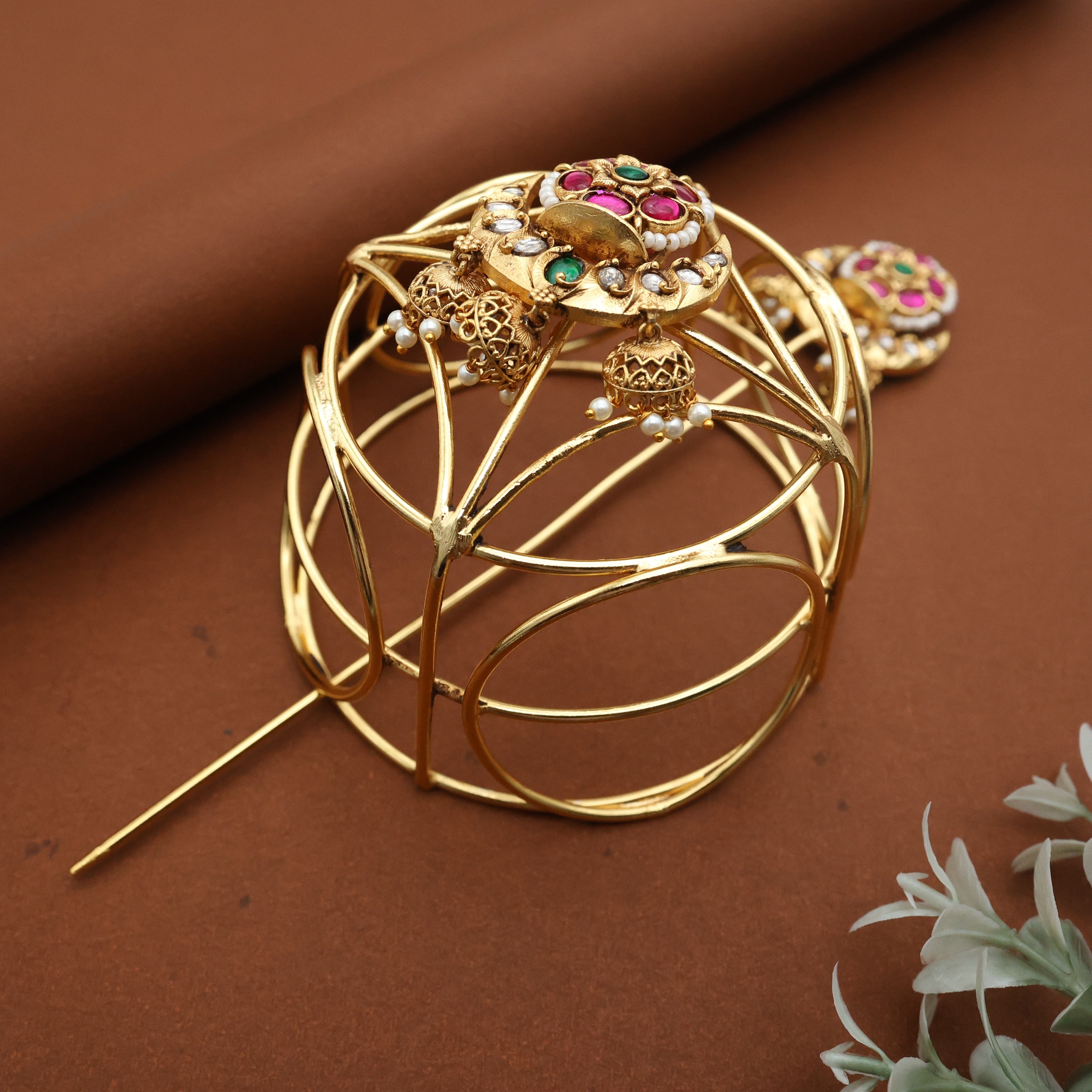 Jadau Kundan Flower Chaand Hair Bun Holder - RED & GREEN - Bun Cage Hair Accessory For Women