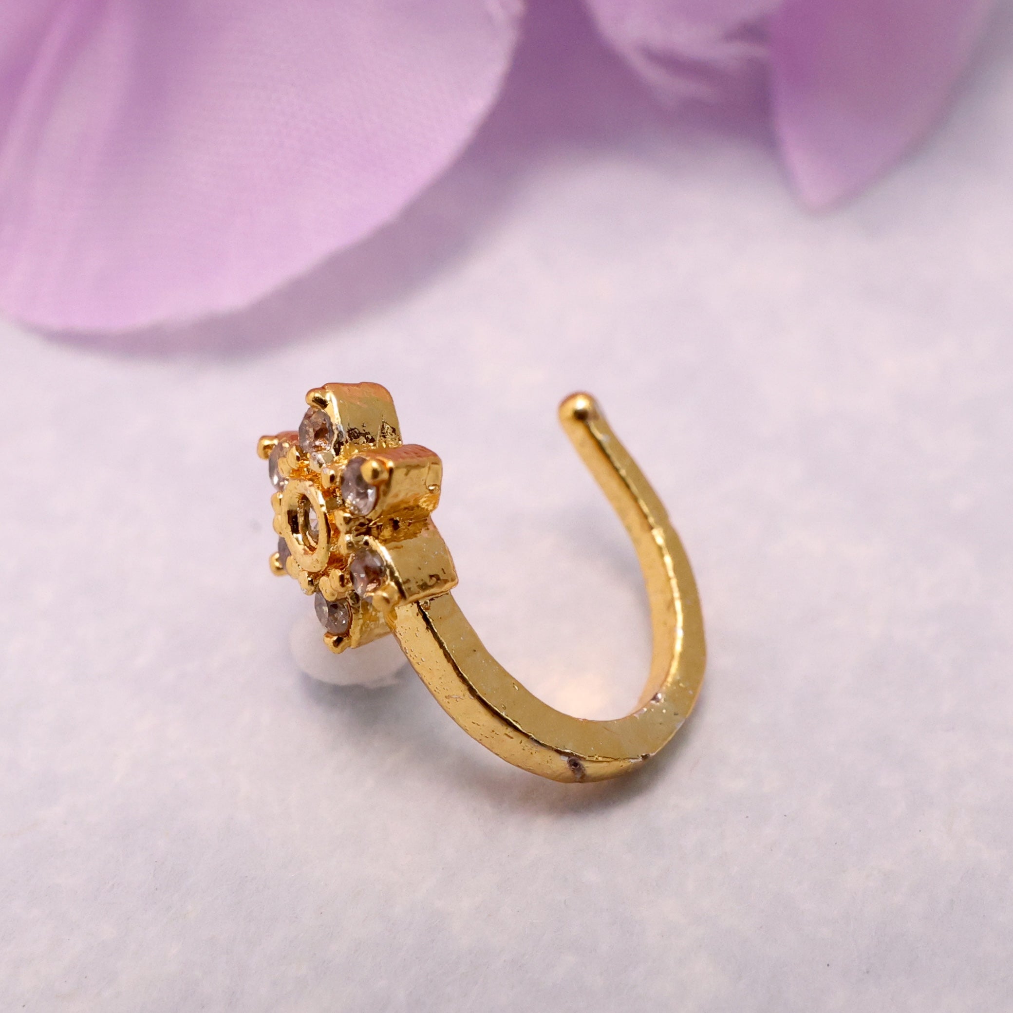 Real Gold Tone Diamond Look Star Flower Clip On Nose Pin - White