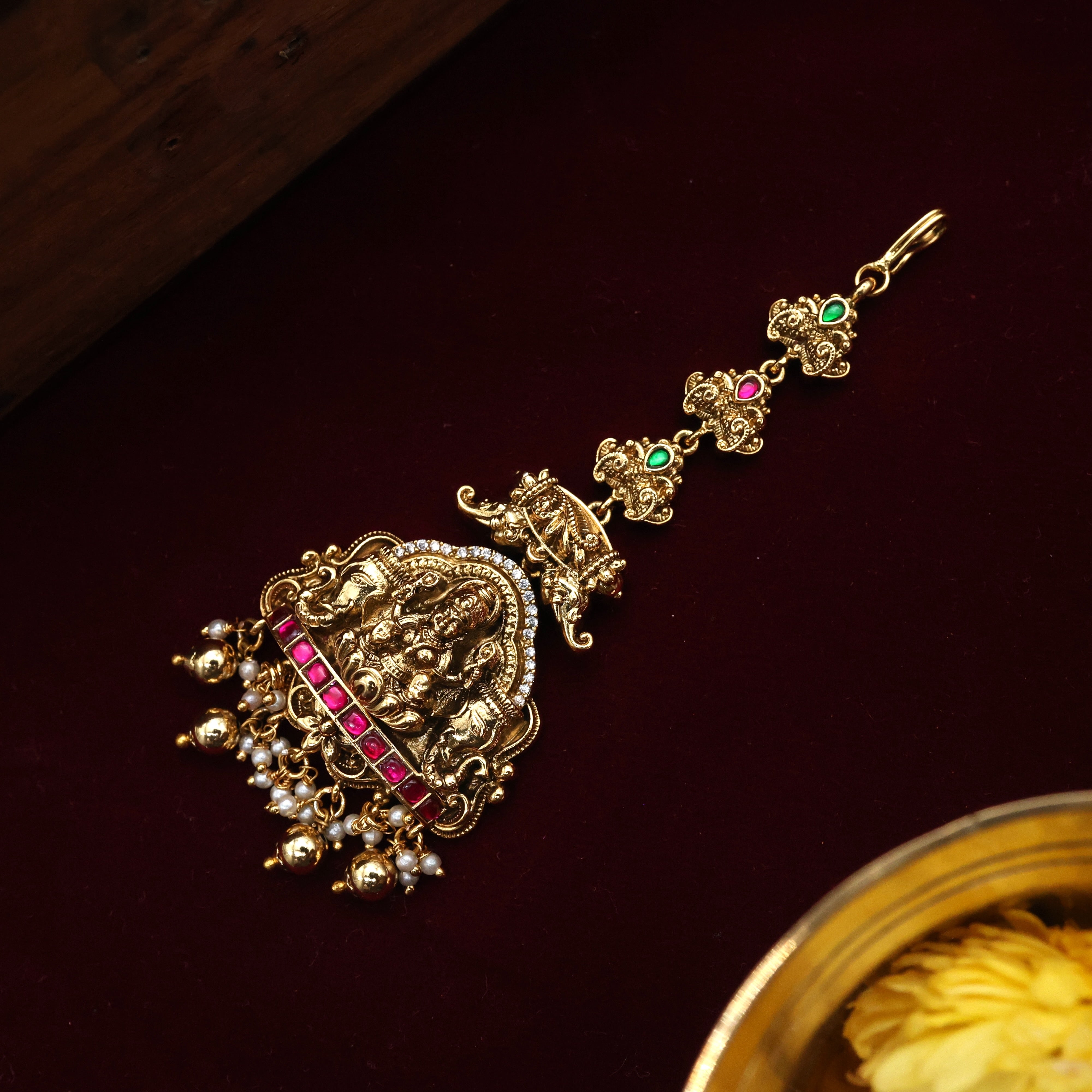 JADAU KUNDAN ANTIQUE NAGAS BRIDAL MAANG TIKKA - GAJALAKSHMI NETHICHUTTI