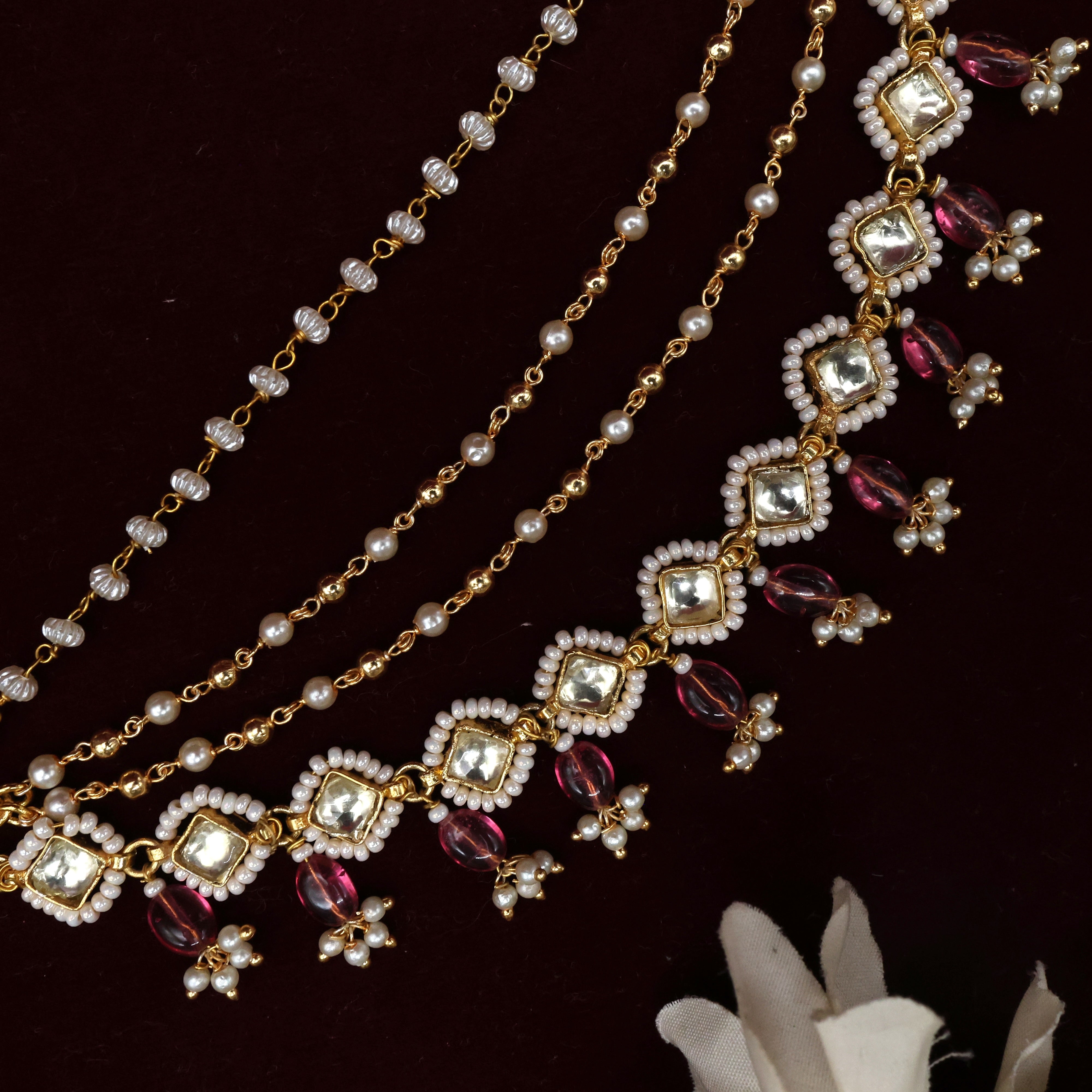 Premium 4 Layer Diamond Cut Pachi Kundan Bridal Ear Chains/Maatal