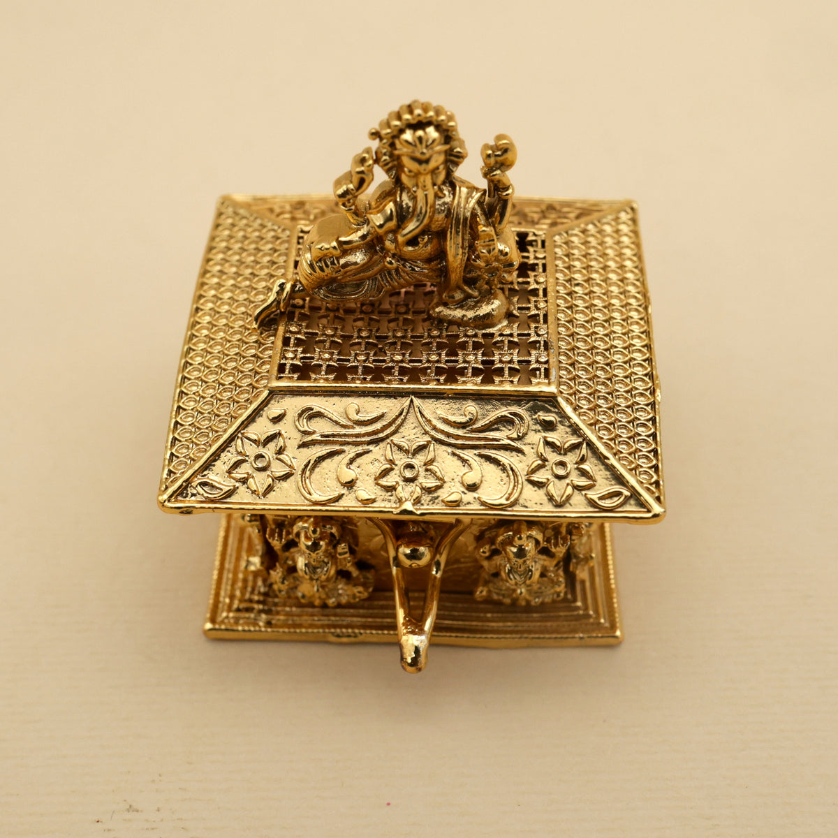 Antique Gold Nagas Raj Ganesha Square Kumkum Box - Sindoor Dabbi