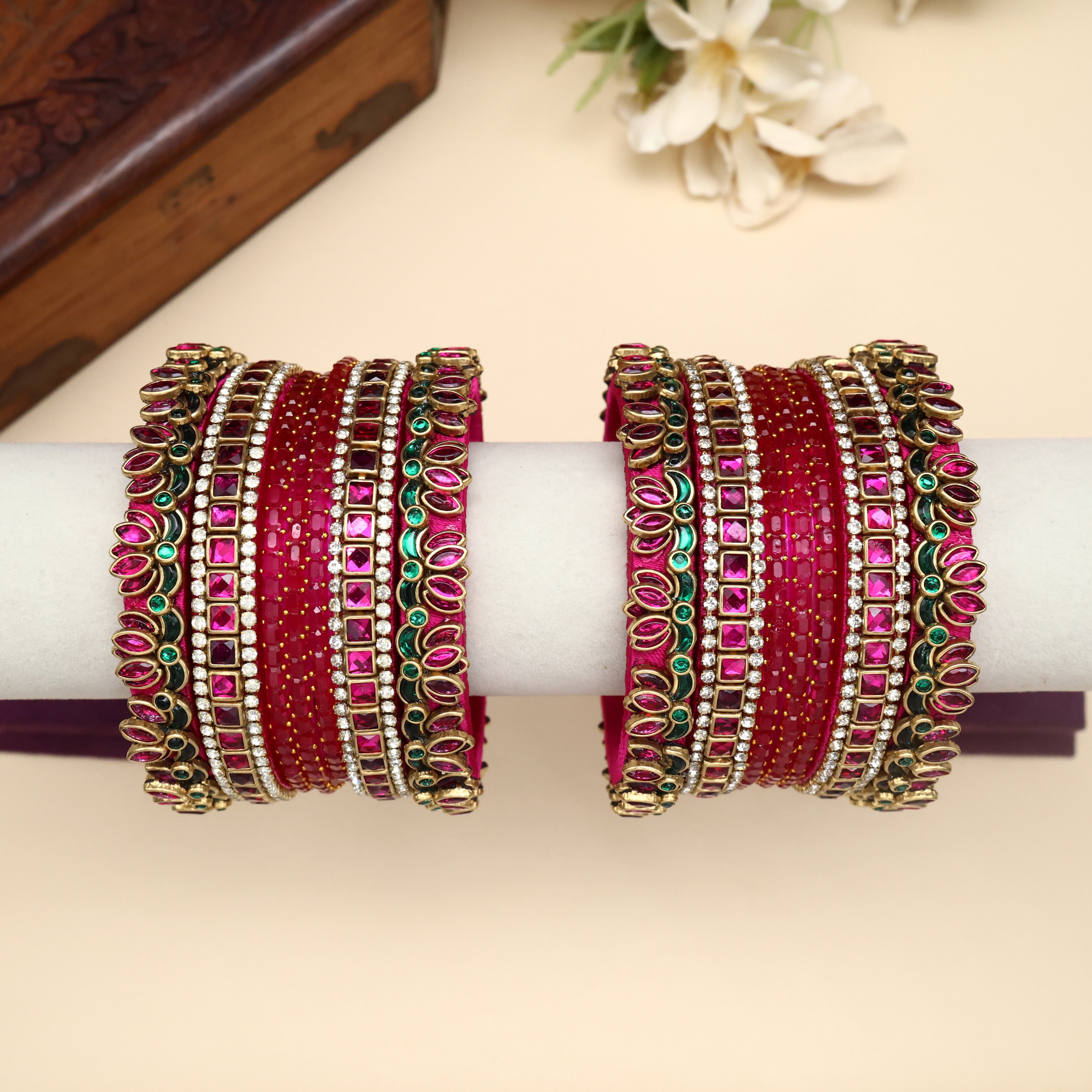 Handmade Silk Thread Kundan Glass Bangles Combo - Thamarai