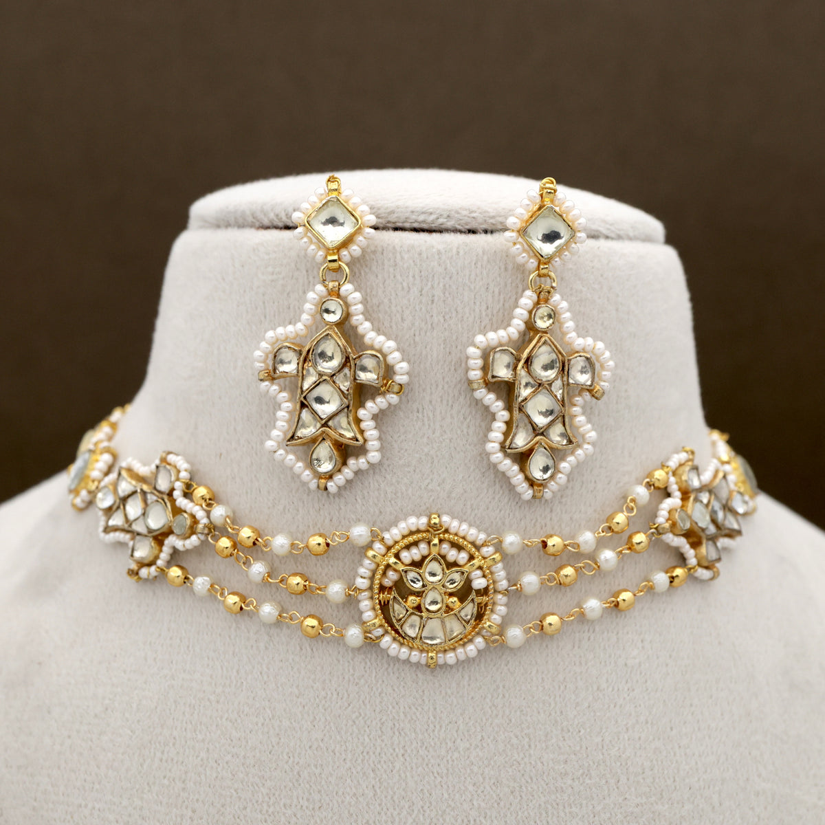 Premium Gold Tone Pachi Kundan Two In One Sheeshpool/Mathapatti Choker Set - Fish & Lotus