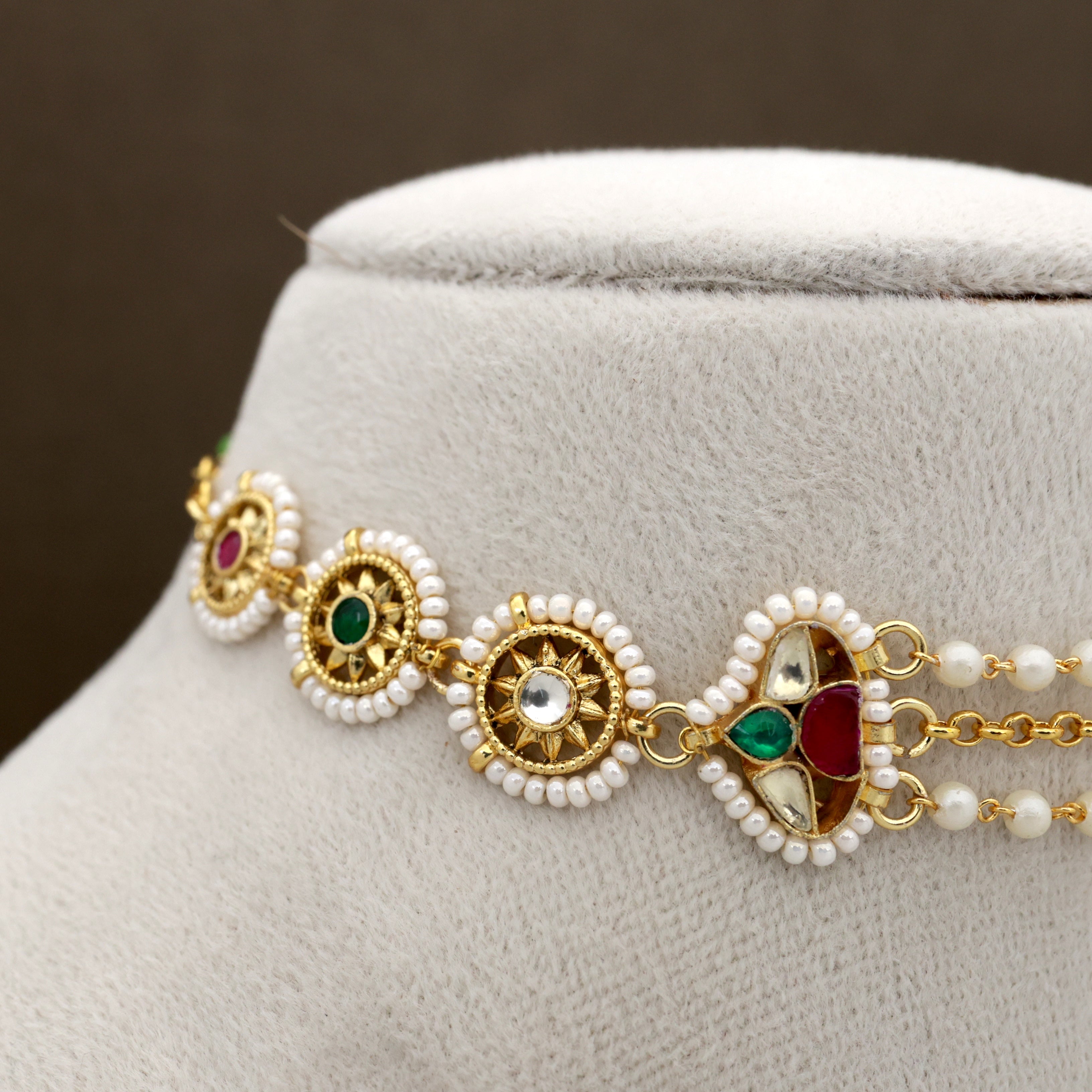 Premium Gold Tone Pachi Kundan Two In One Sheeshpool/Mathapatti Choker Set - Bud Bloomed Lotus