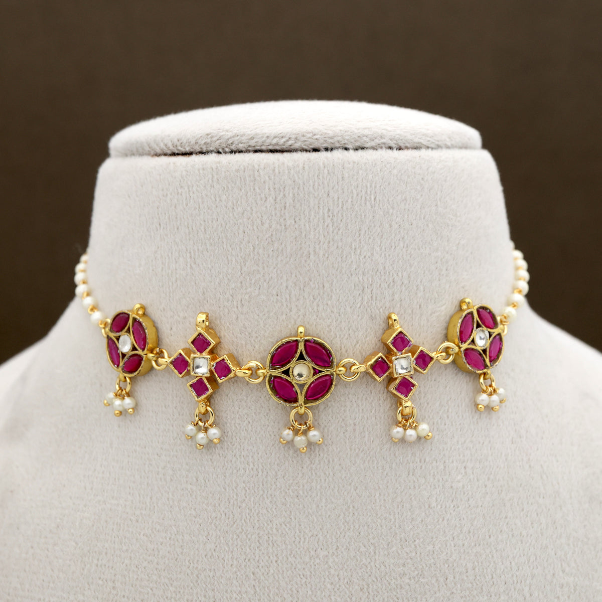 Premium Pachi Kundan Gold Tone Diamond Flower Kids Friendly High Neck Choker