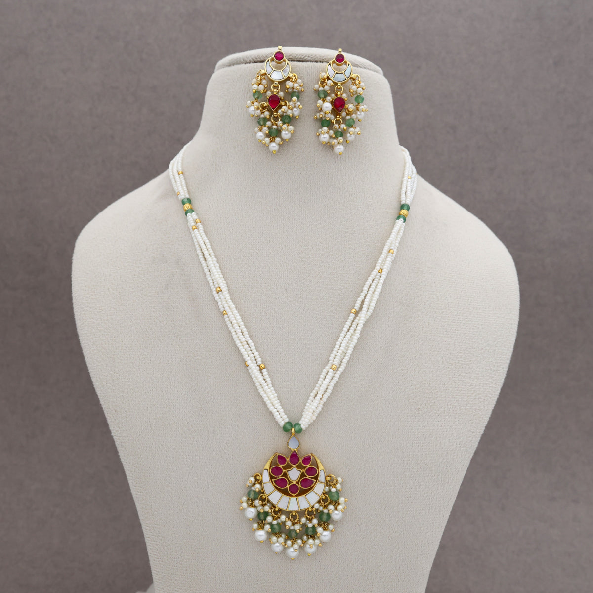 Premium Pachi Kundan Mother of Pearls Chaandini Pendant Pearl Mala Set