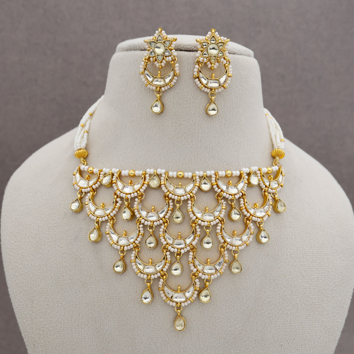Premium Pachi Kundan Moon Drops Heritage Choker Necklace Set - White