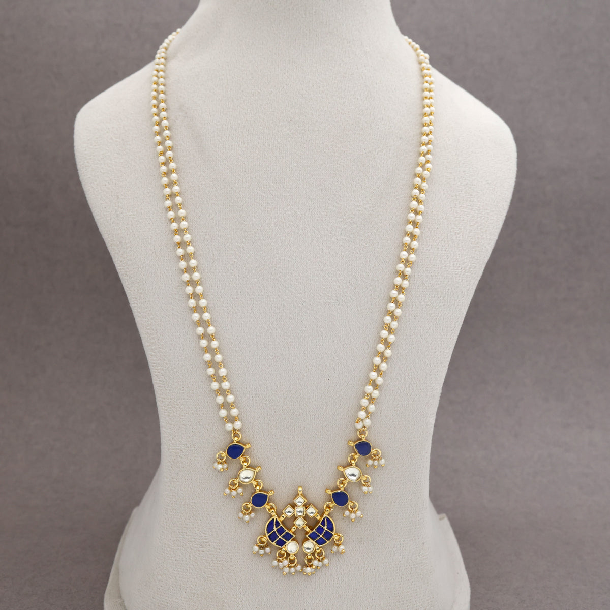 Premium Pachi Kundan Gold Tone Double Pearl Line Butterfly Pendant Haaram - Blue & White