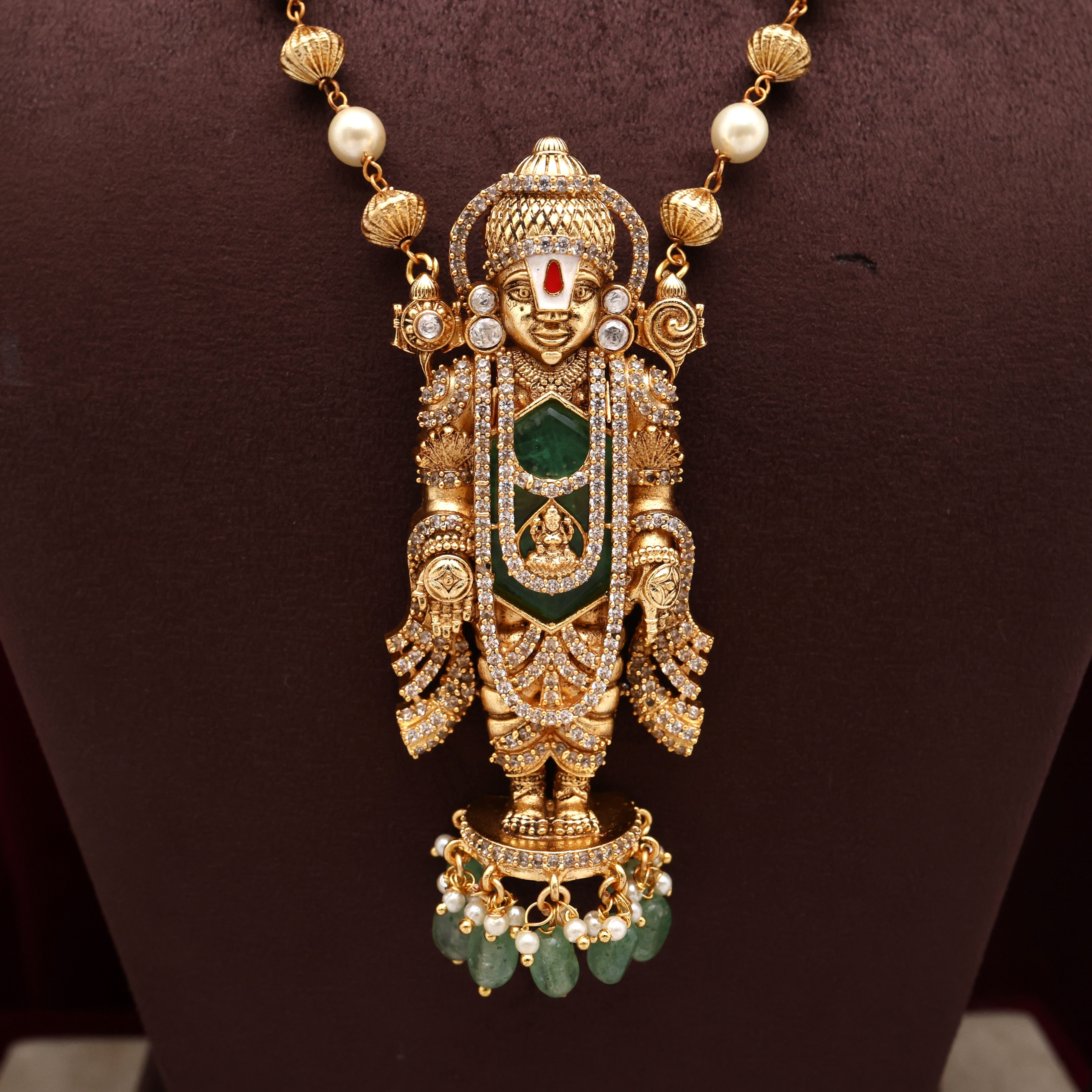 Gold Look Antique Nagas Detachable Venkateshwara Pendant Balls Necklace Set
