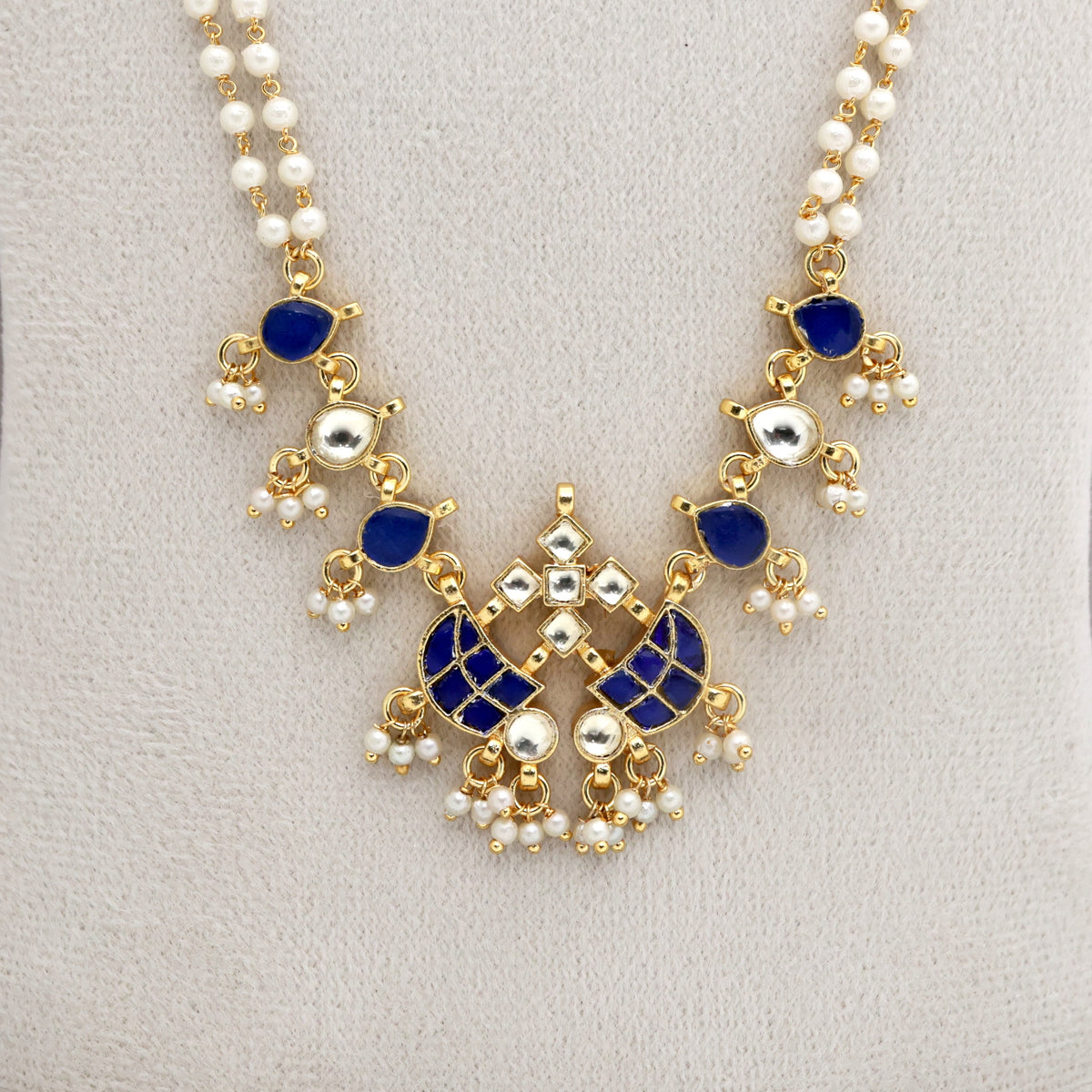 Premium Pachi Kundan Gold Tone Double Pearl Line Butterfly Pendant Haaram - Blue & White