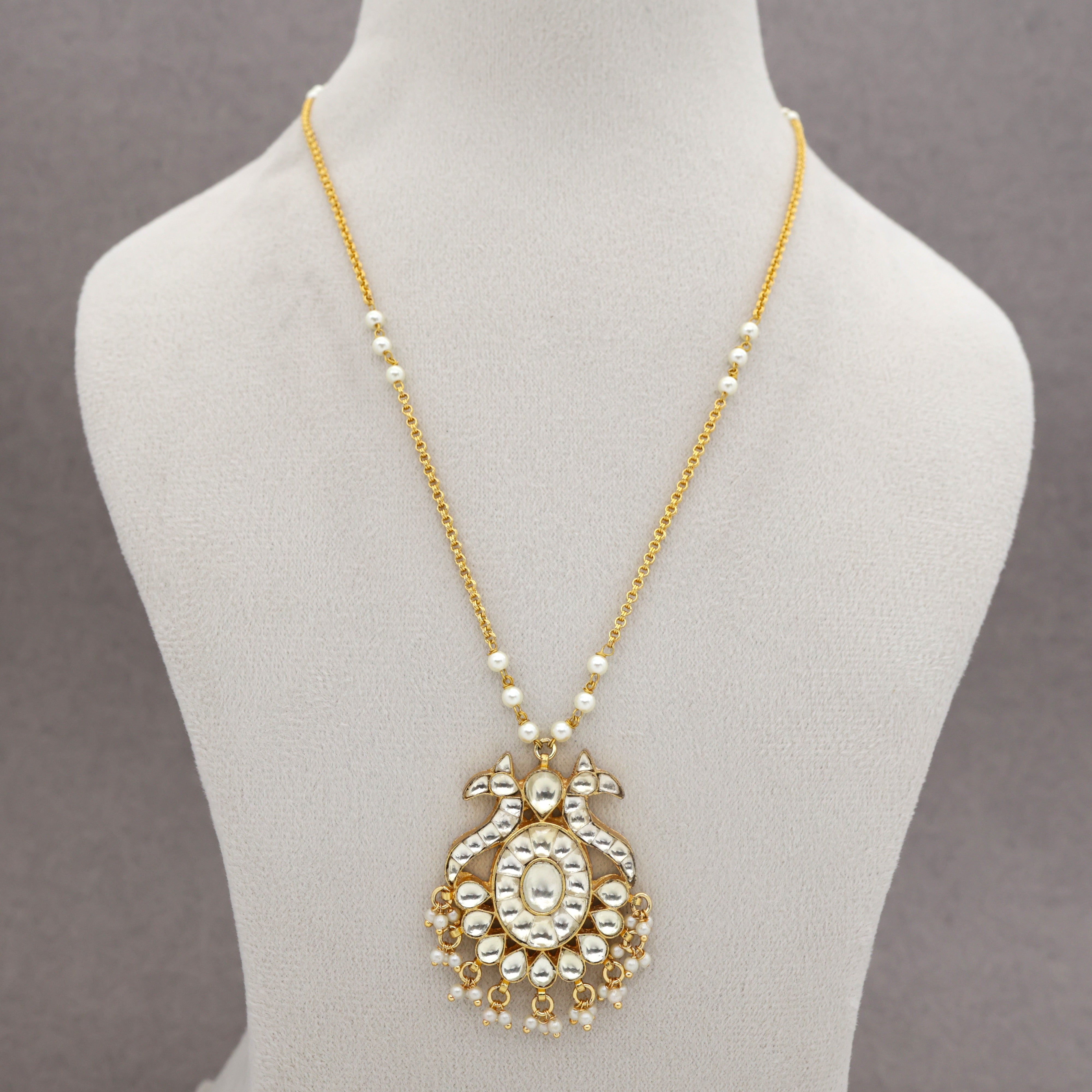 Premium Pachi Kundan Gold Tone Rettapakshi Flower Pendant Mala