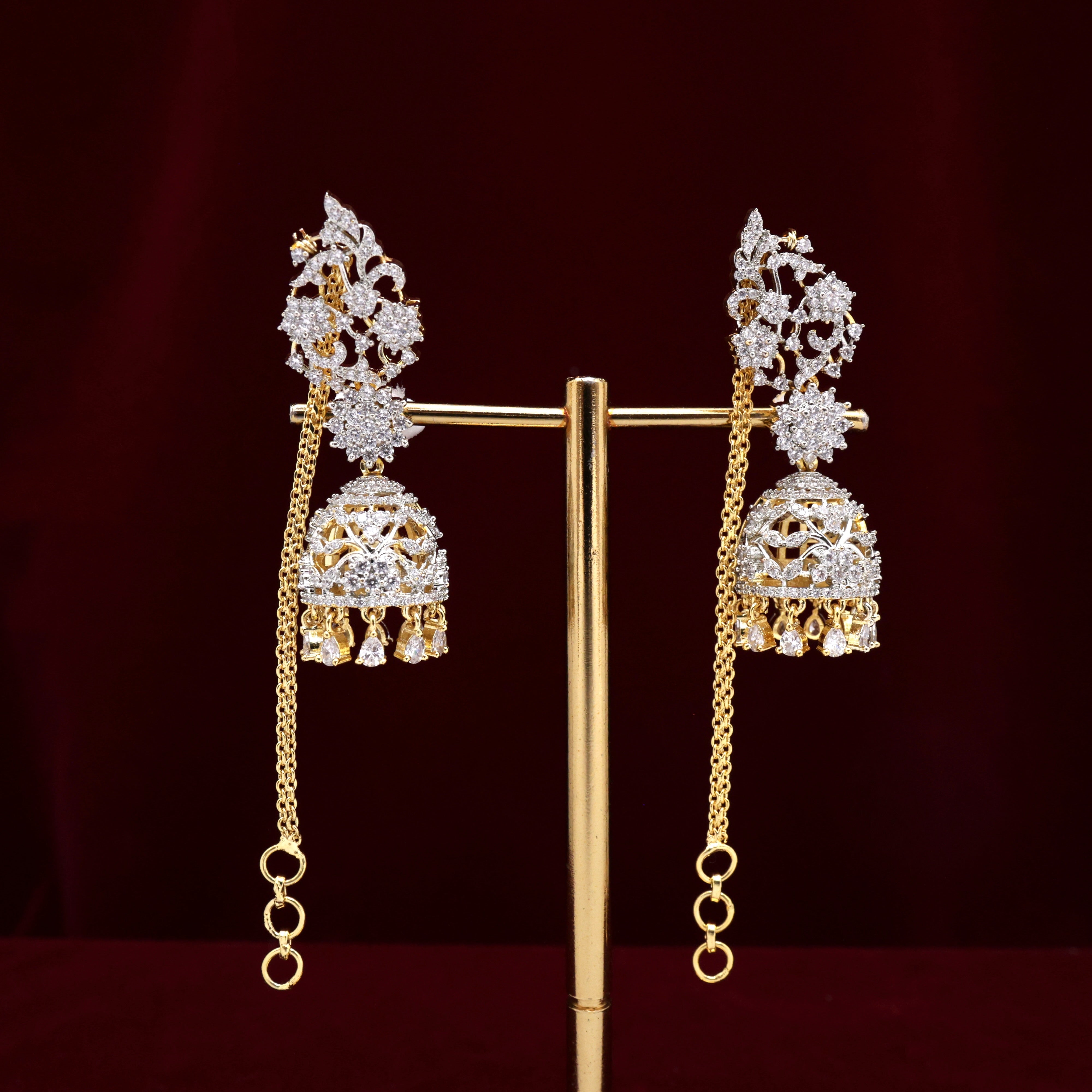 Diamond Look AD Gold Tone Medium Sized Film Actress Khushboo Mam Inspired Jhumkas