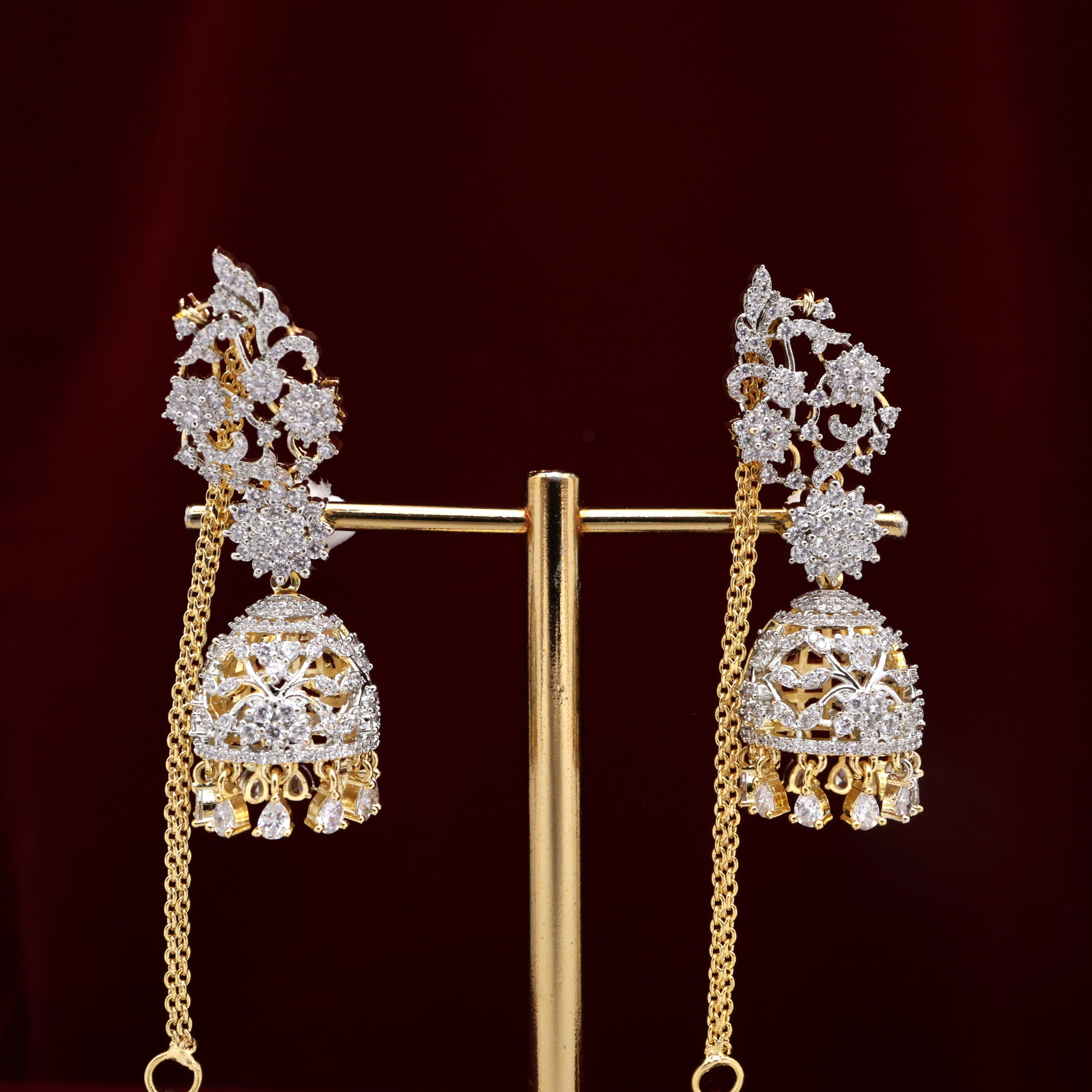 Diamond Look AD Gold Tone Medium Sized Film Actress Khushboo Mam Inspired Jhumkas