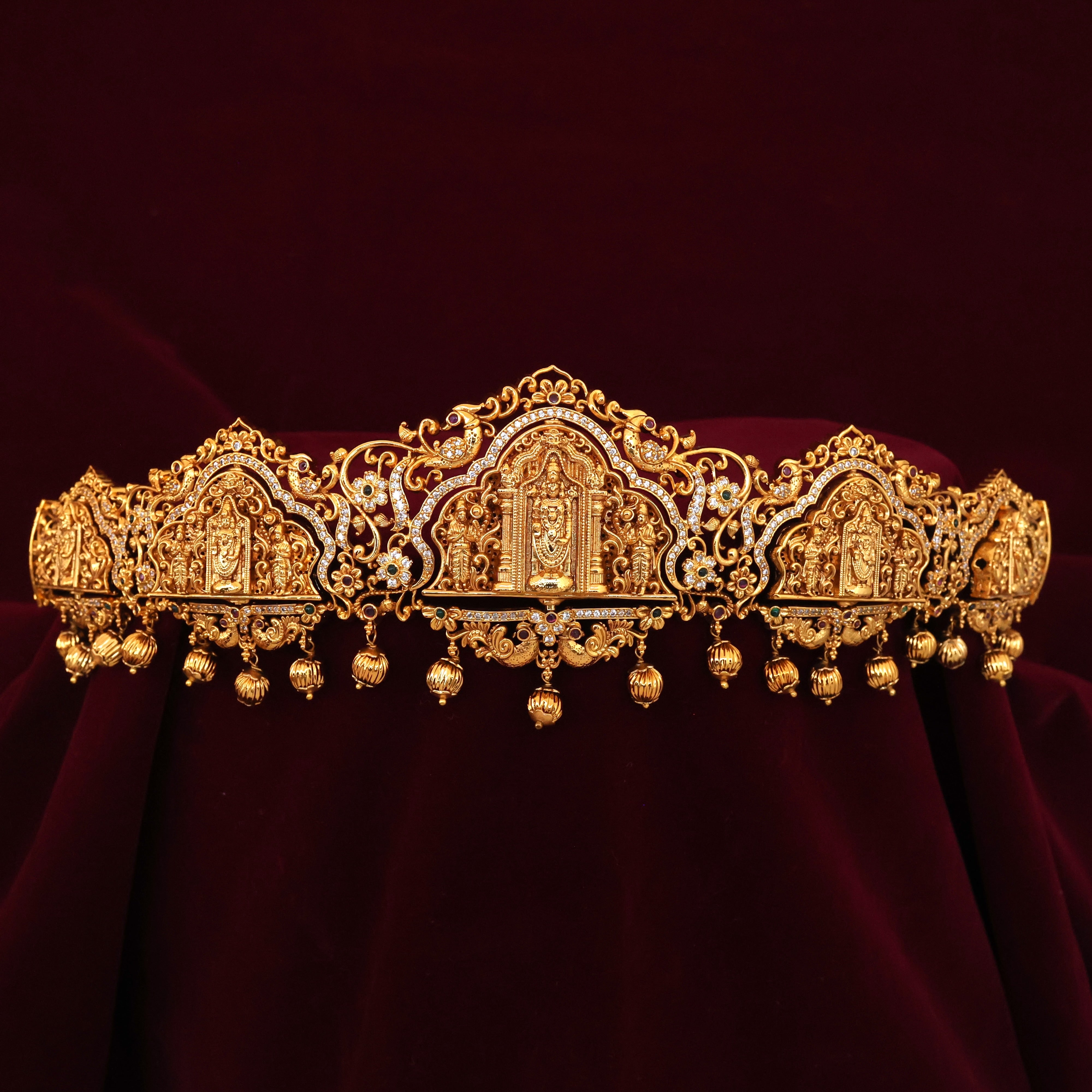 ANTIQUE GOLD NAGASI ROTATABLE PENDANTS Tirupathi Balaji & Diamond Look Flower DOUBLE SIDE AD BRIDAL HIP BELT/VADDANAM