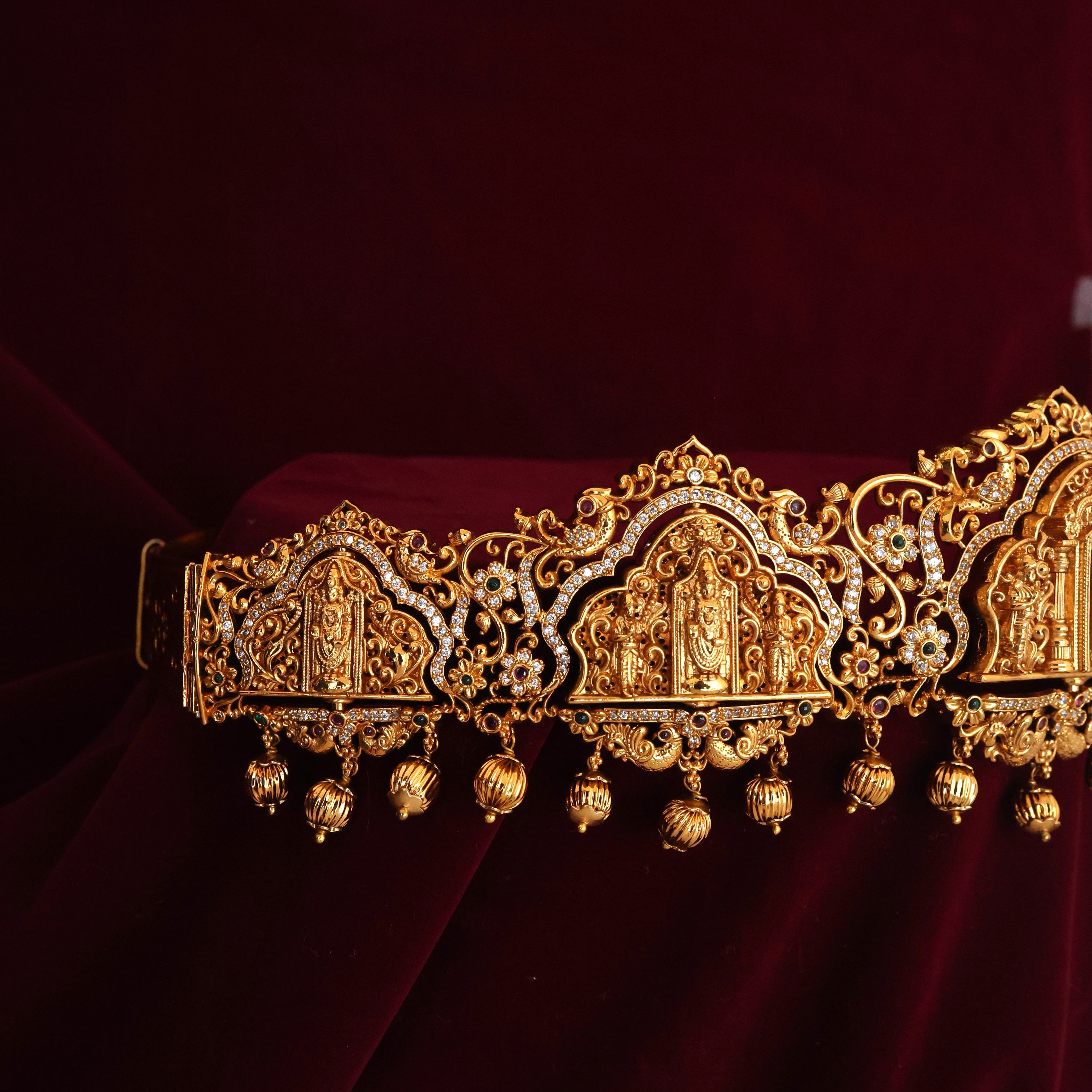 ANTIQUE GOLD NAGASI ROTATABLE PENDANTS Tirupathi Balaji & Diamond Look Flower DOUBLE SIDE AD BRIDAL HIP BELT/VADDANAM