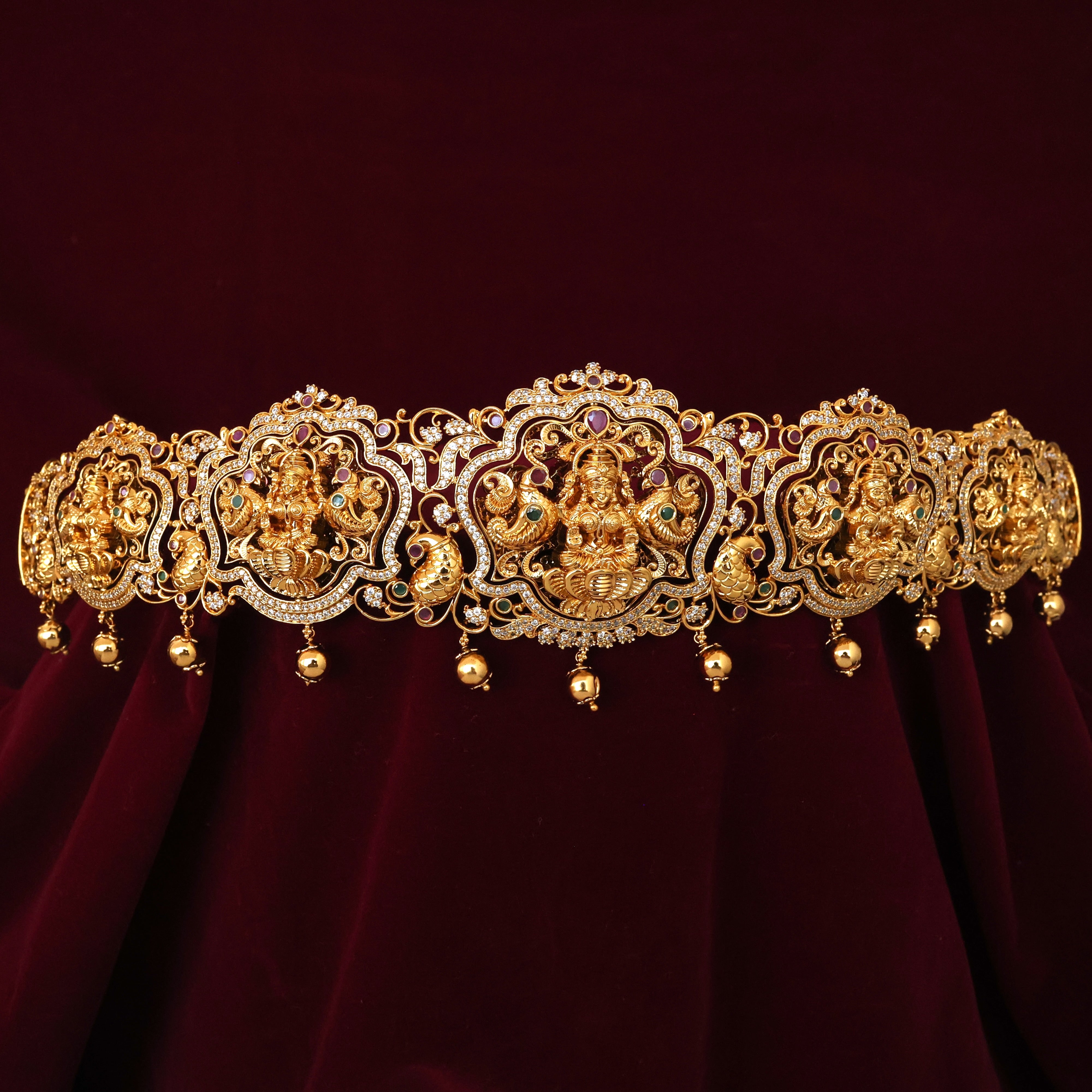 ANTIQUE GOLD NAGASI ROTATABLE PENDANTS LAKSHMI & RETTAPAKSHI DOUBLE SIDE AD BRIDAL HIP BELT/VADDANAM