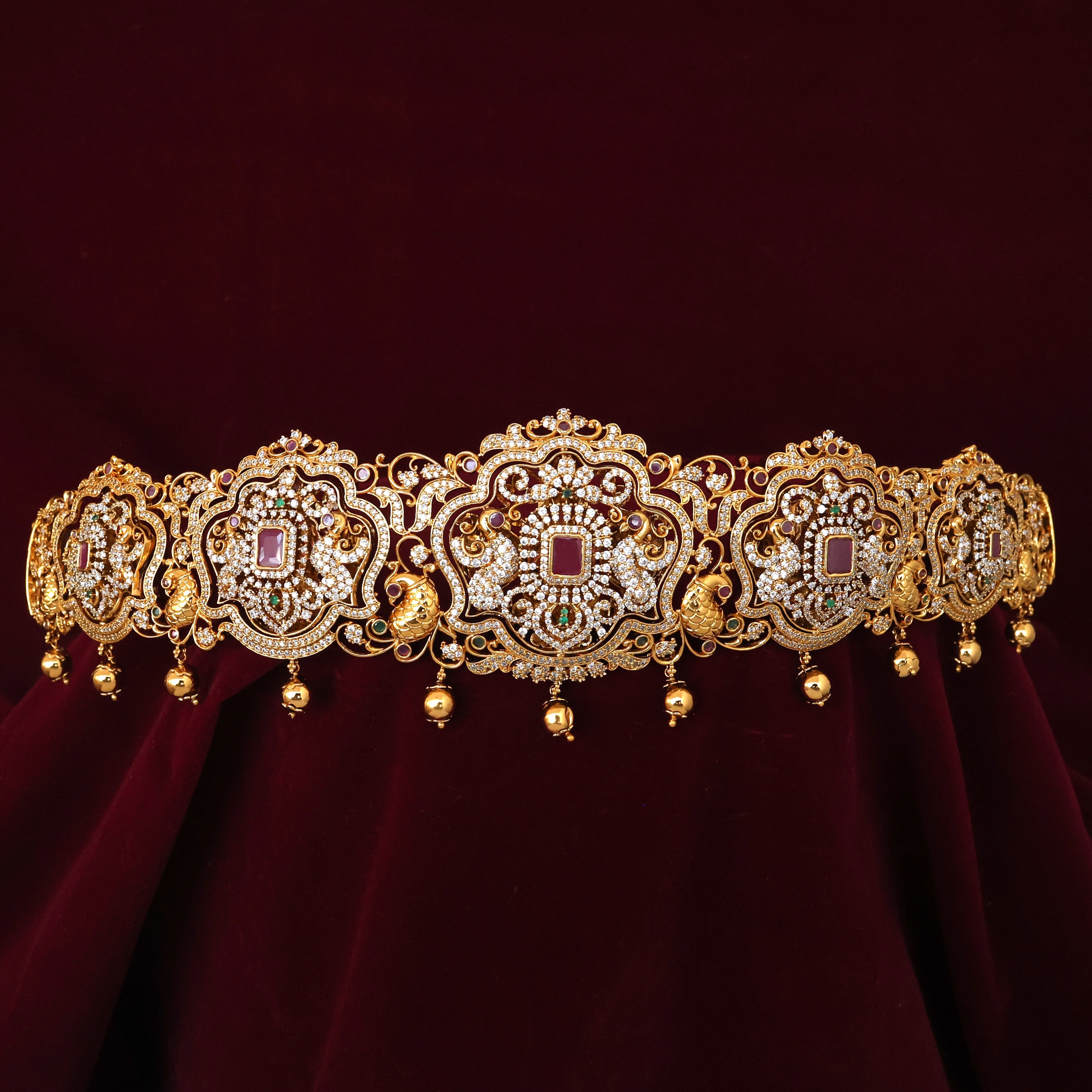 ANTIQUE GOLD NAGASI ROTATABLE PENDANTS LAKSHMI & RETTAPAKSHI DOUBLE SIDE AD BRIDAL HIP BELT/VADDANAM