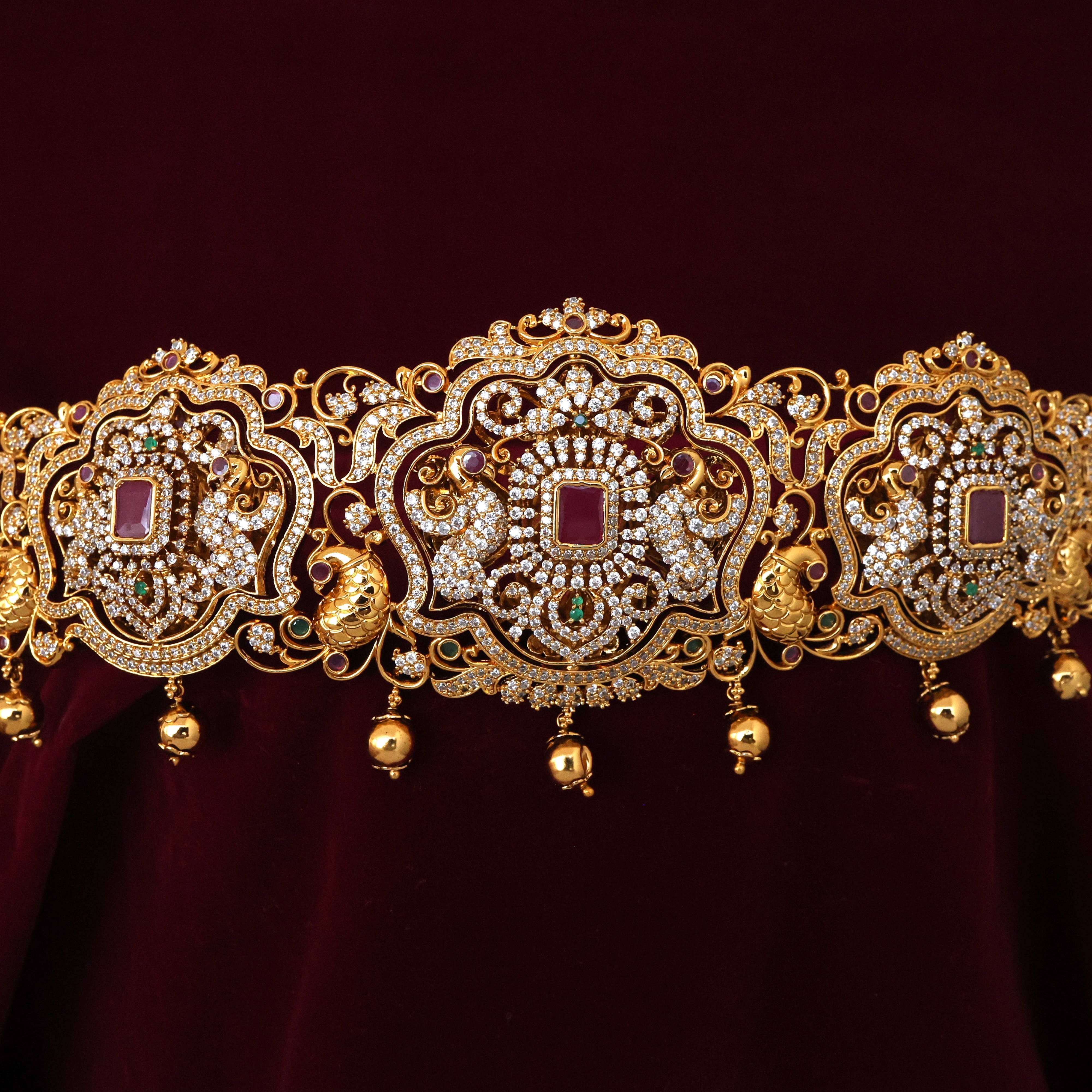 ANTIQUE GOLD NAGASI ROTATABLE PENDANTS LAKSHMI & RETTAPAKSHI DOUBLE SIDE AD BRIDAL HIP BELT/VADDANAM