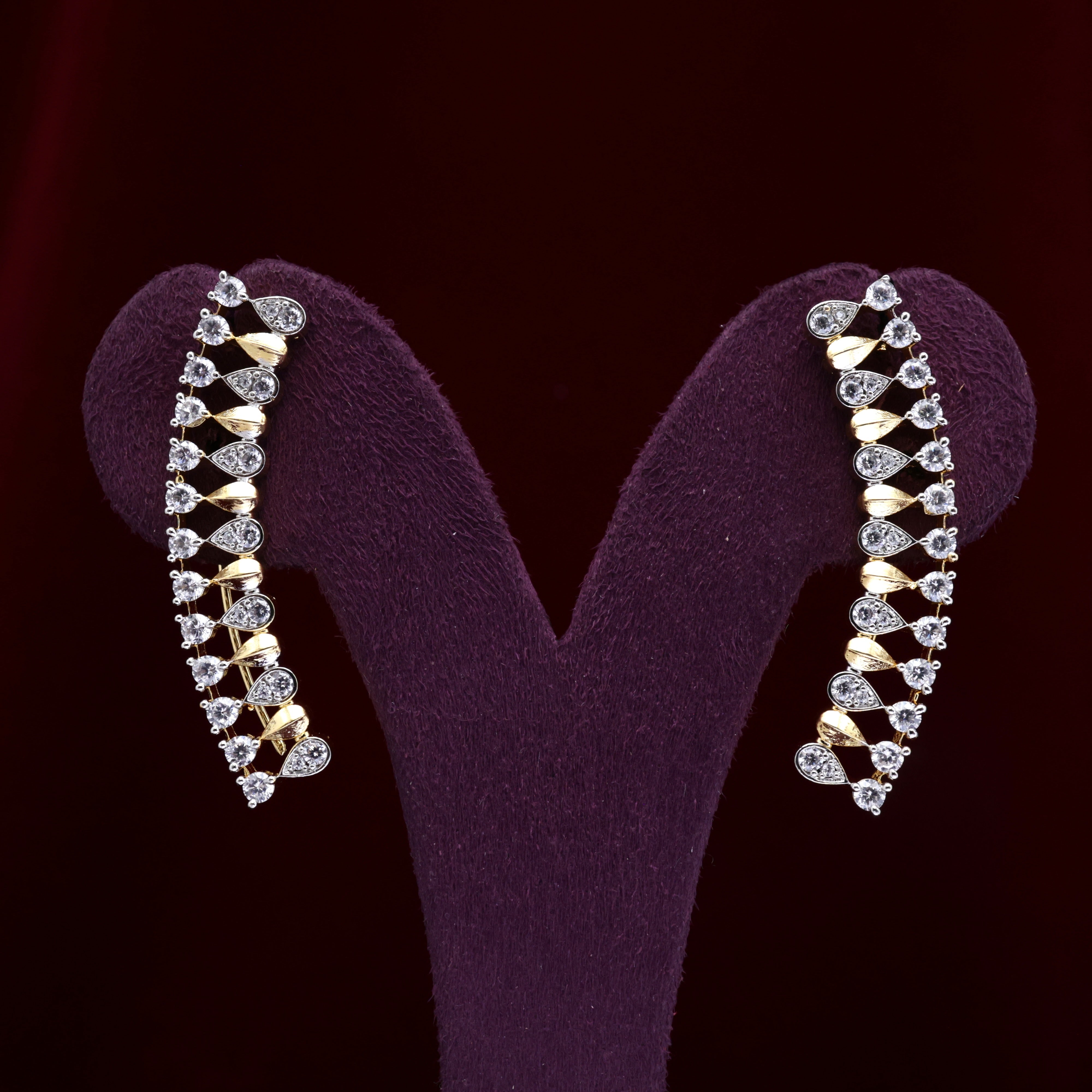 Gold Tone AD Diamond Look Leaf Drops Earcuff Earrings