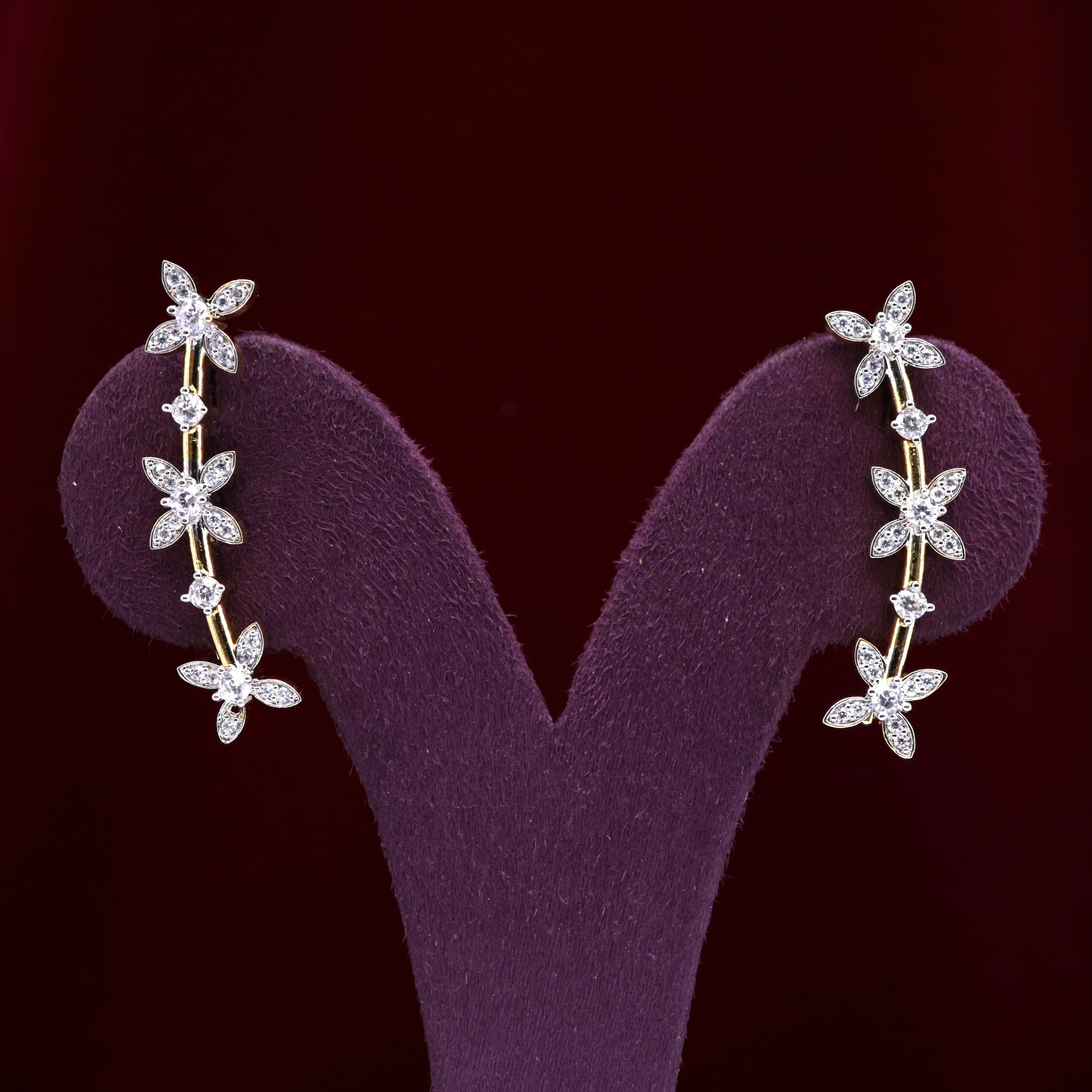 Gold Tone AD Diamond Look 3 Flowers Earcuff Earrings