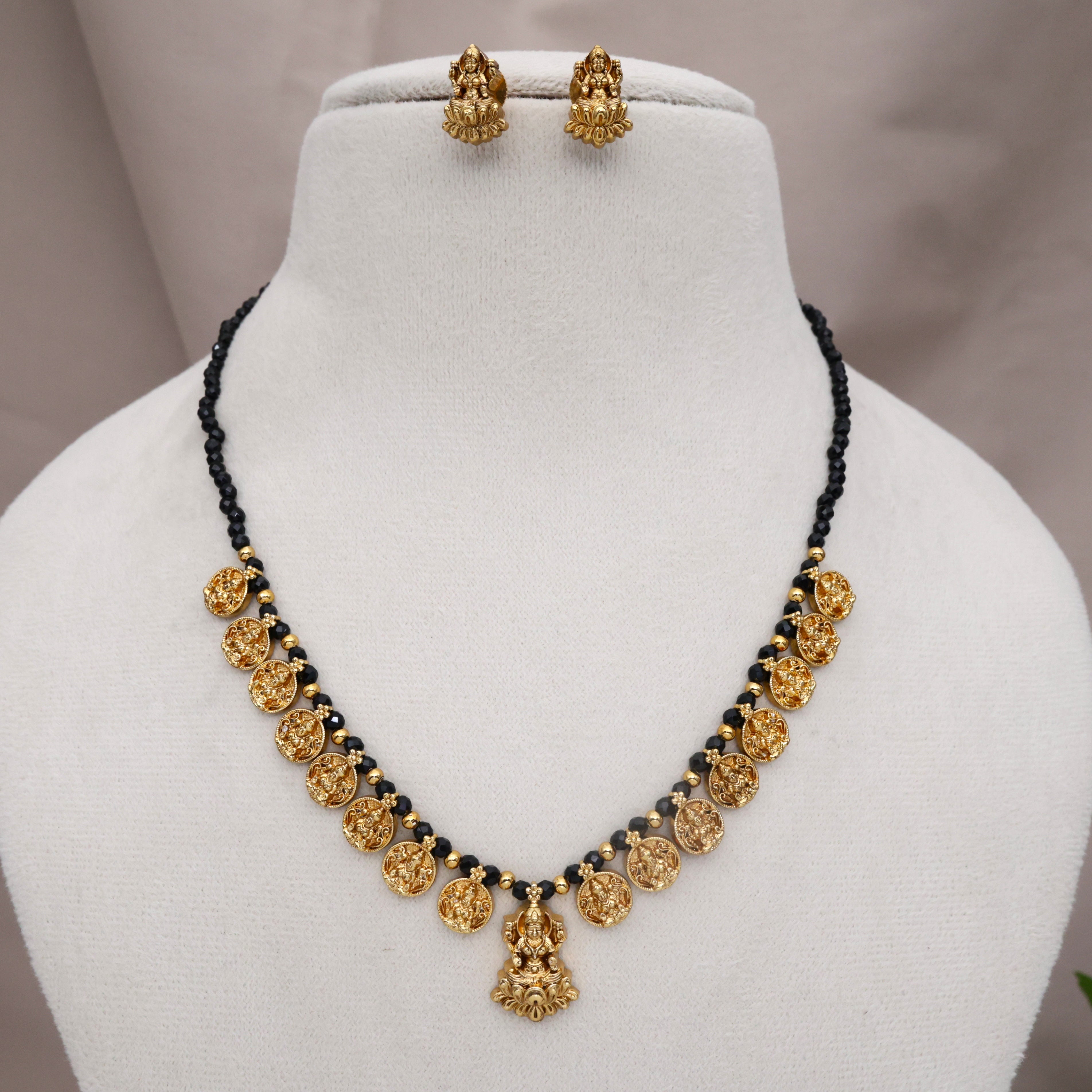 Real Gold Look Black Beads Lakshmi Pendant Coin Necklace Set