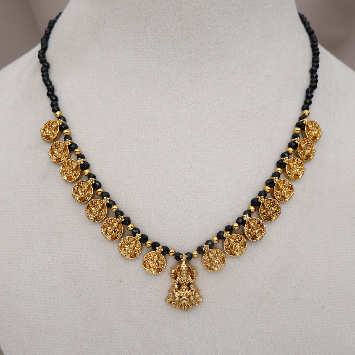 Real Gold Look Black Beads Lakshmi Pendant Coin Necklace Set