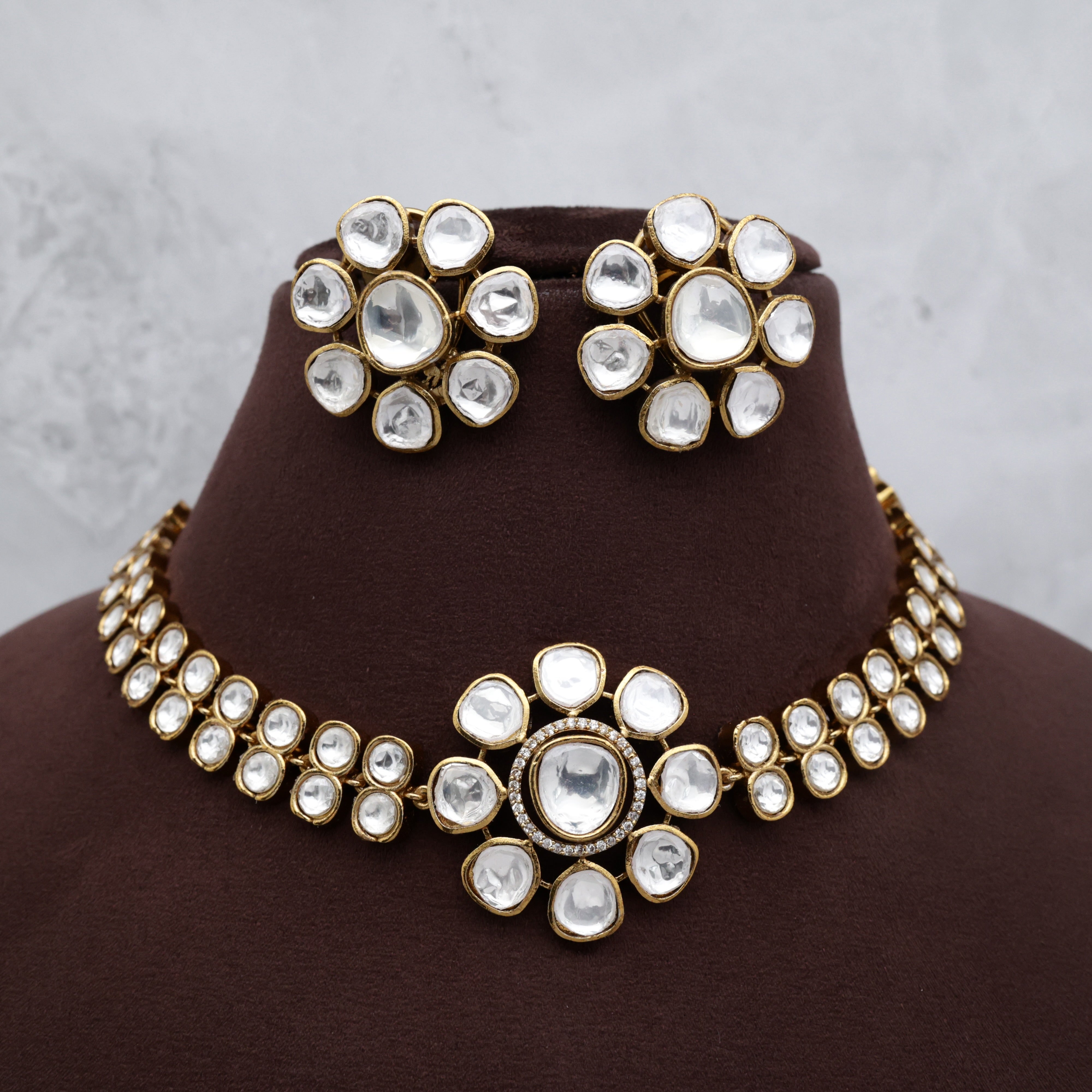 Kundan Flower Double Layer Drops Necklace Set